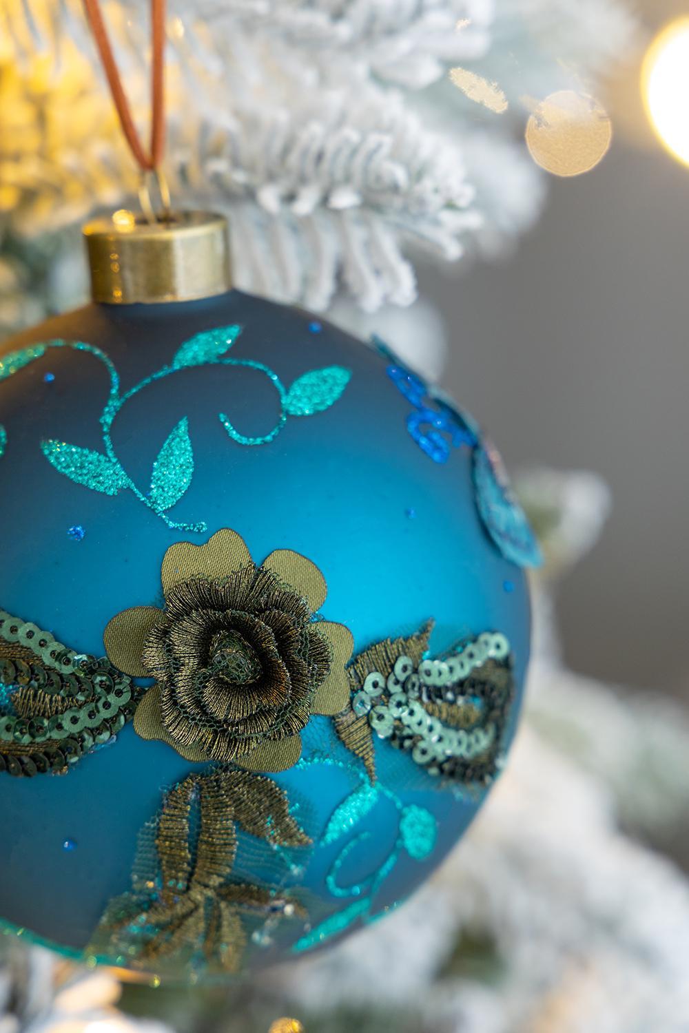 Light Blue Glass Christmas Ball Ornaments with Glitter Details - Set of 4 or 6, photo 14 of 14