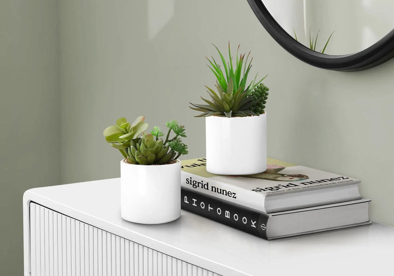 7" Tall Artificial Succulent Plant Set of 2 with White Ceramic Pots by HouseOfZazla