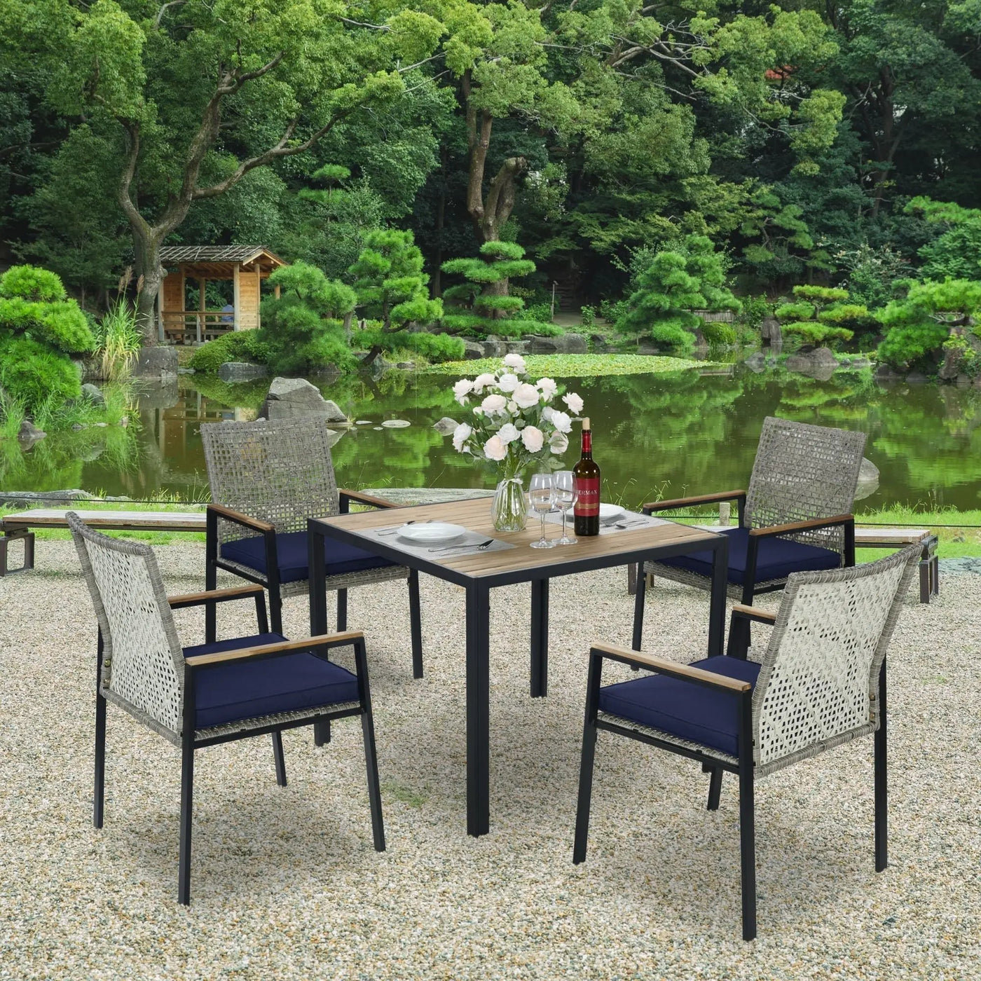 5 Piece Patio Dining Table Set, Acacia Wood Table Top With Umbrella Hole by HouseOfZazla