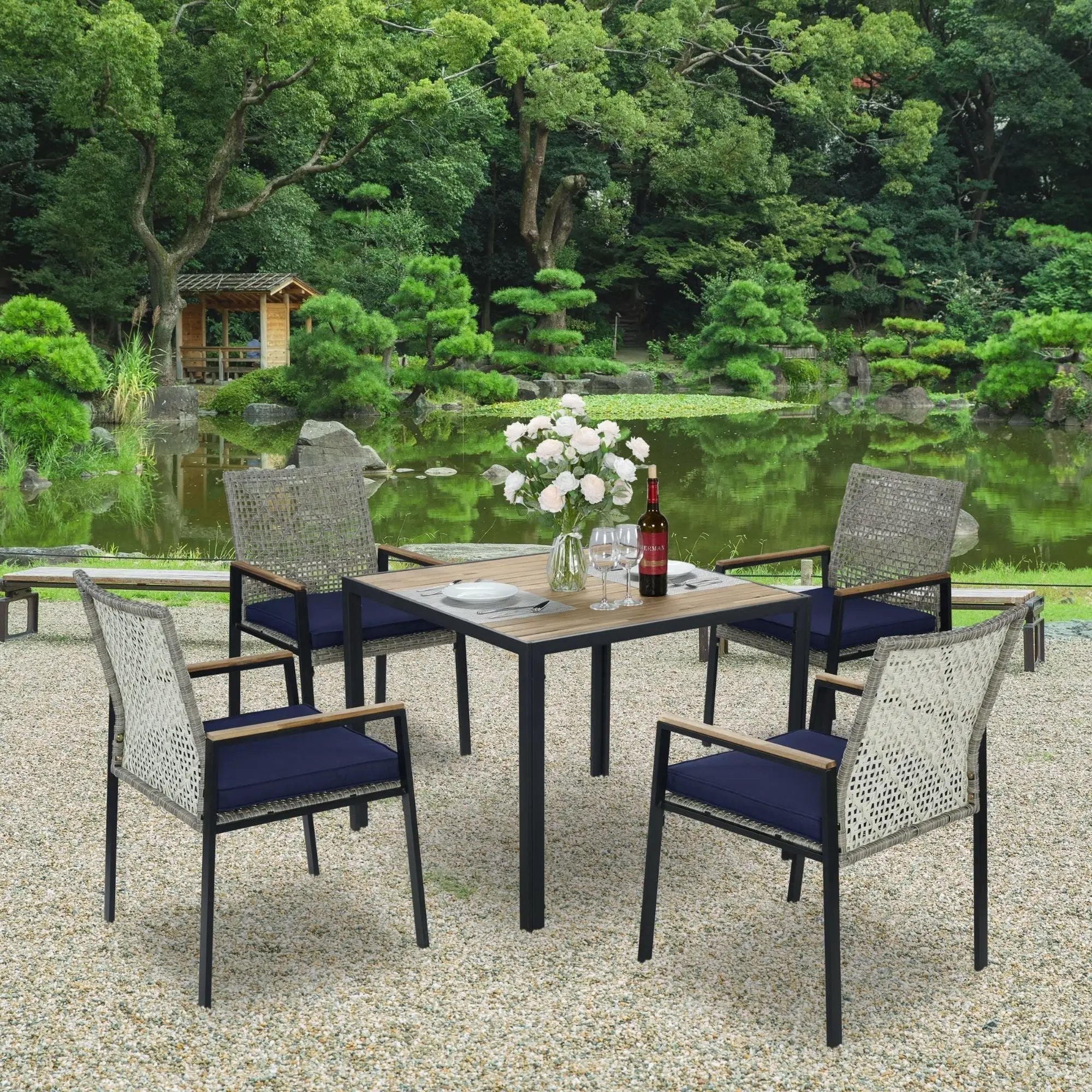 5 Piece Patio Dining Table Set, Acacia Wood Table Top With Umbrella Hole by HouseOfZazla