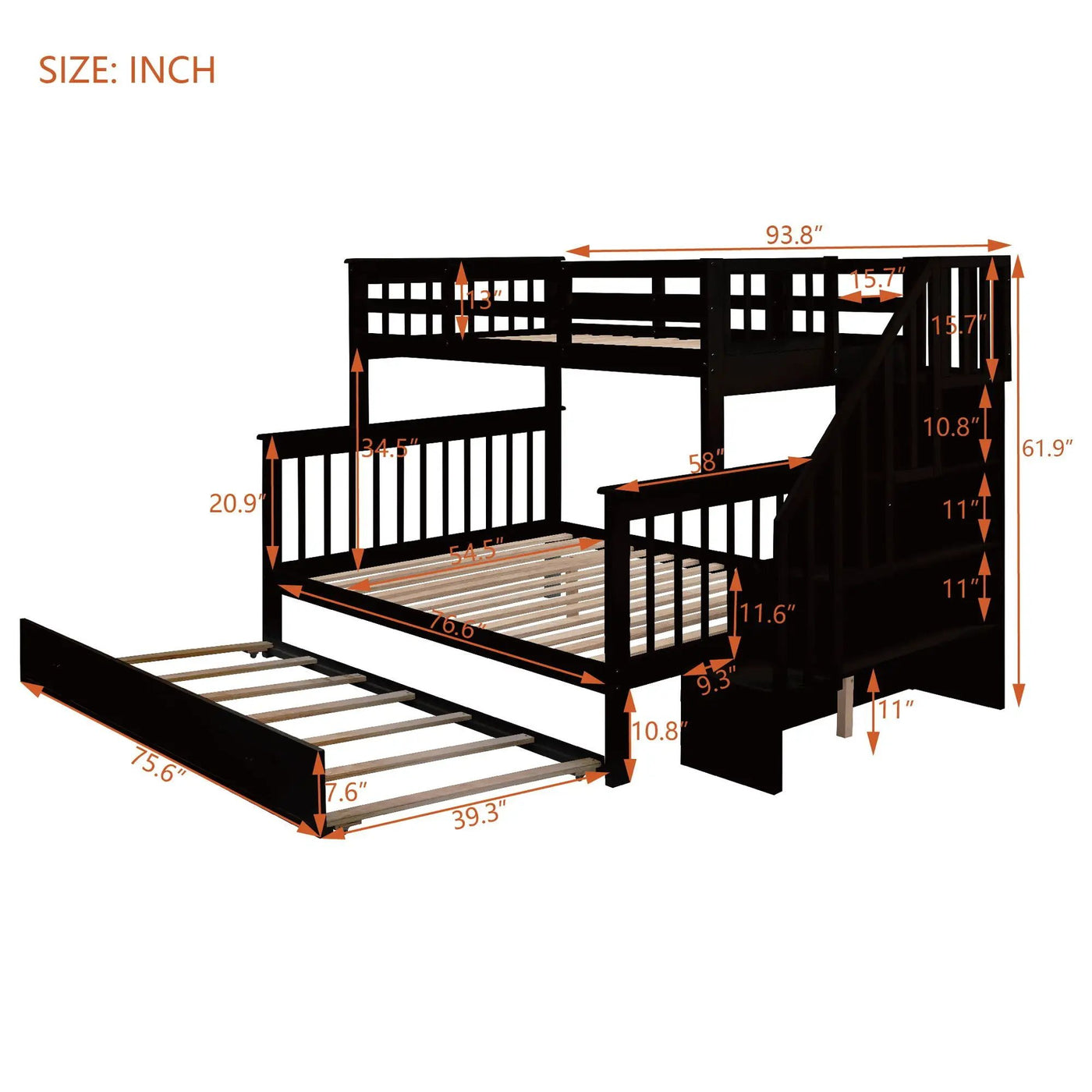 Bunk Bed With Twin Size Trundle, Storage And Guard Rail For Bedroom by Unique Piece Furniture