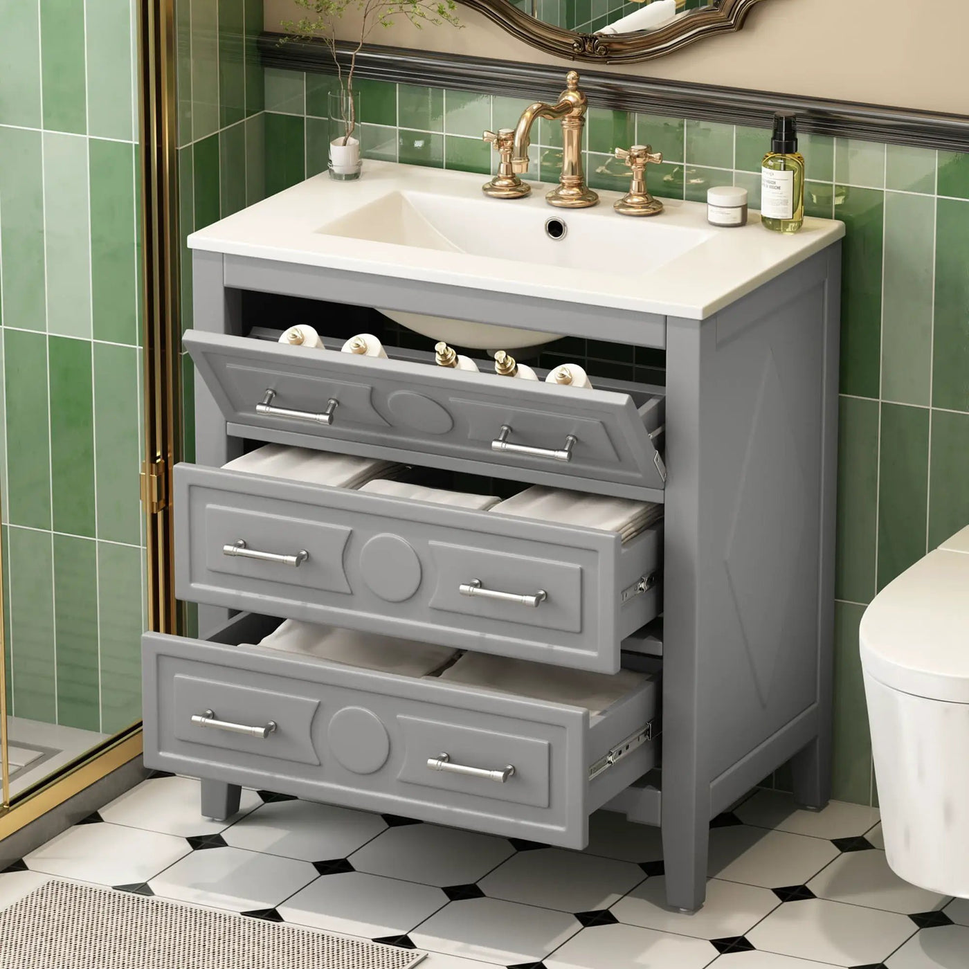 Retro Bathroom Vanity With Sink Combo, Free Standing Single Set With 3 Drawers by Unique Piece Furniture