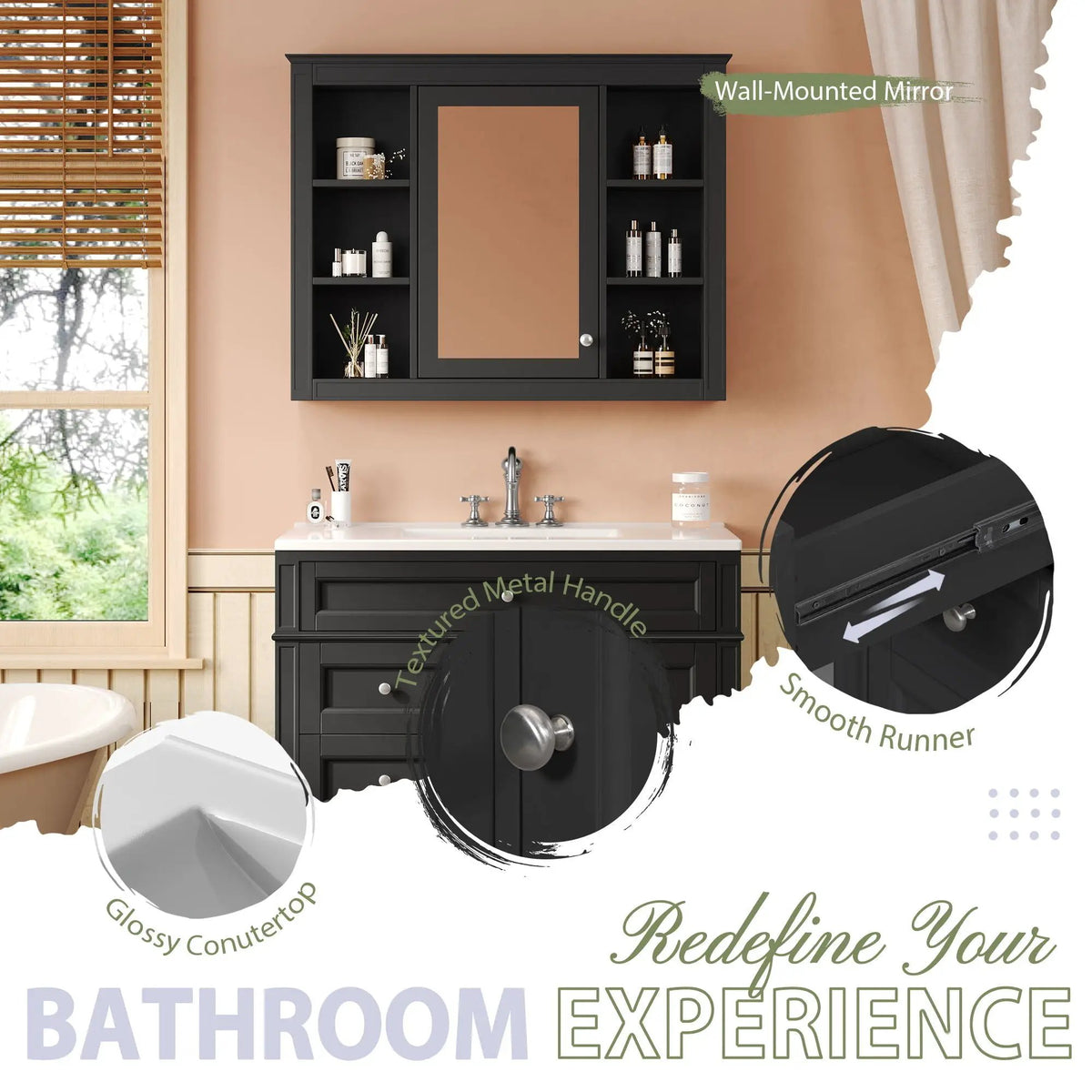Bathroom Vanity With Mirror Cabinet, Single Sink With 2 Soft Closing Doors And 4 Drawers, photo 27 of 35