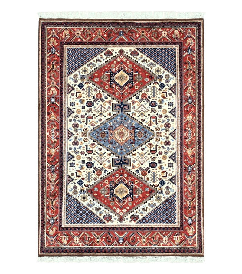 Belgium Power Loomed Rug 8x12, Geometric Medallions Persian Tribal Pattern, Vintage Wool Carpet, Ivory Red Blue by Jewel Rugs