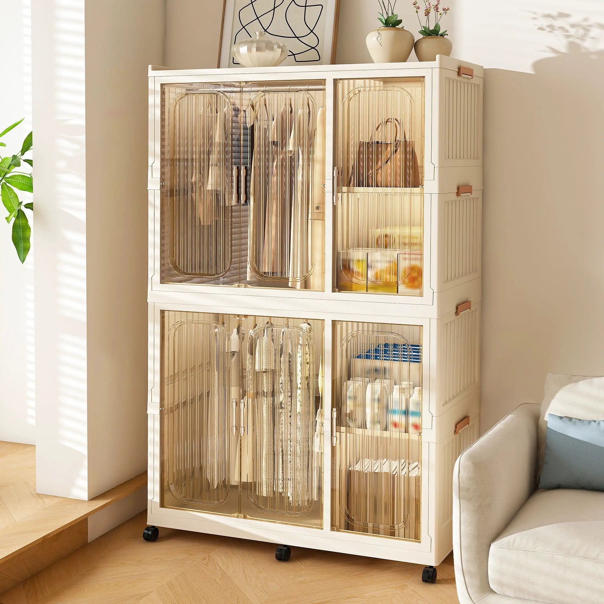 Portable Wardrobe Closet Storage Organizer For Clothes, 6 Magnetic Doors With 6 Cubes & 2 Hanging Rods, 6 Hangers - Cream White by Unique Piece Furniture