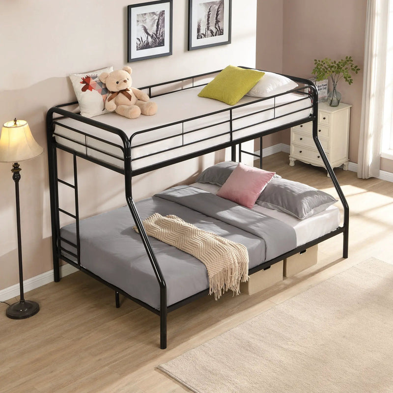 Modern Twin Over Full Metal Bunk Bed With Trundle And Dual Side Ladder And Metal Design - Black / Brown by HouseOfZazla