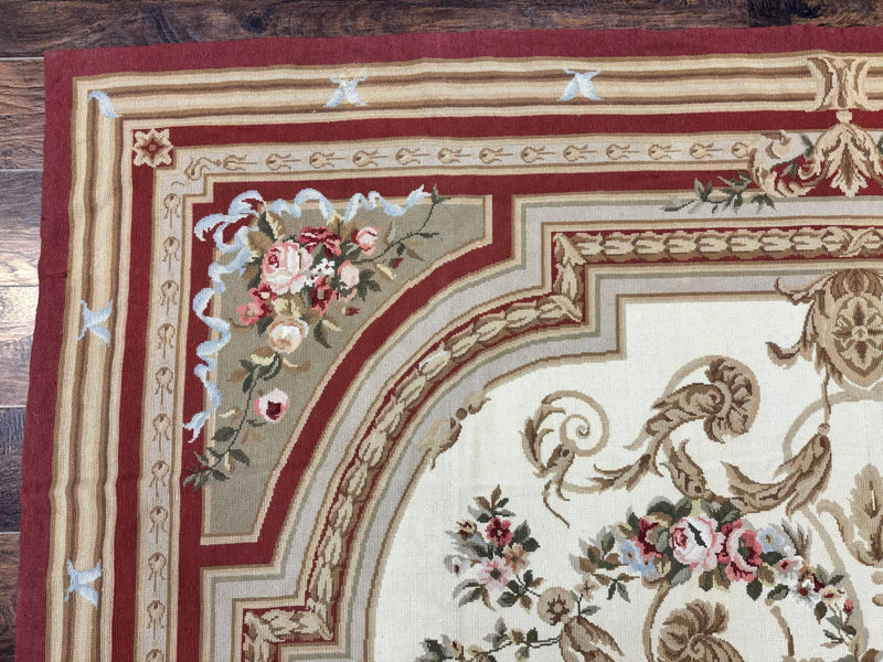 Aubusson Needlepoint Rug 9x11, Handmade Vintage Wool Flatweave Carpet, Elegant European Rug, Floral, Cream by Jewel Rugs