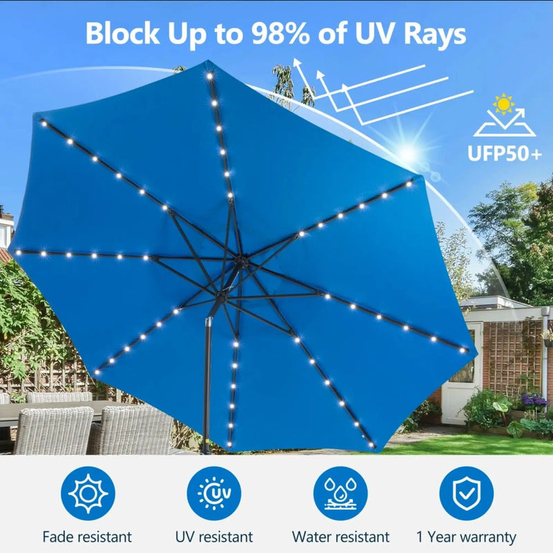 Solar LED Patio Umbrella With Crank Lift And Tilt, 8 Ribs, UV Resistant Canopy For Pool, Backyard & Patio (Without Base) - Blue by HouseOfZazla