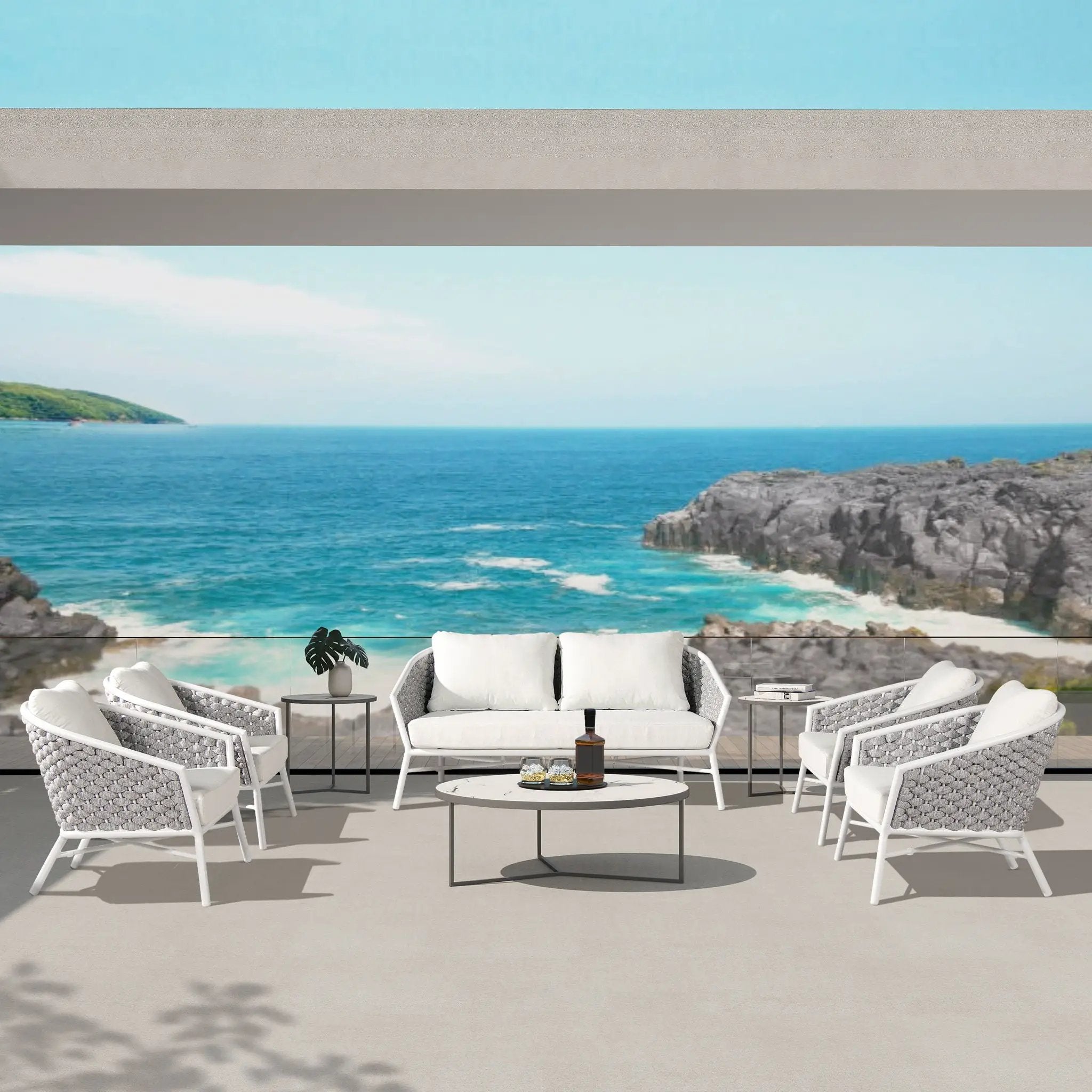 Rowan - Rope Barrel Back Patio Conversation Loveseat Sofa - Optic White by Unique Piece Furniture