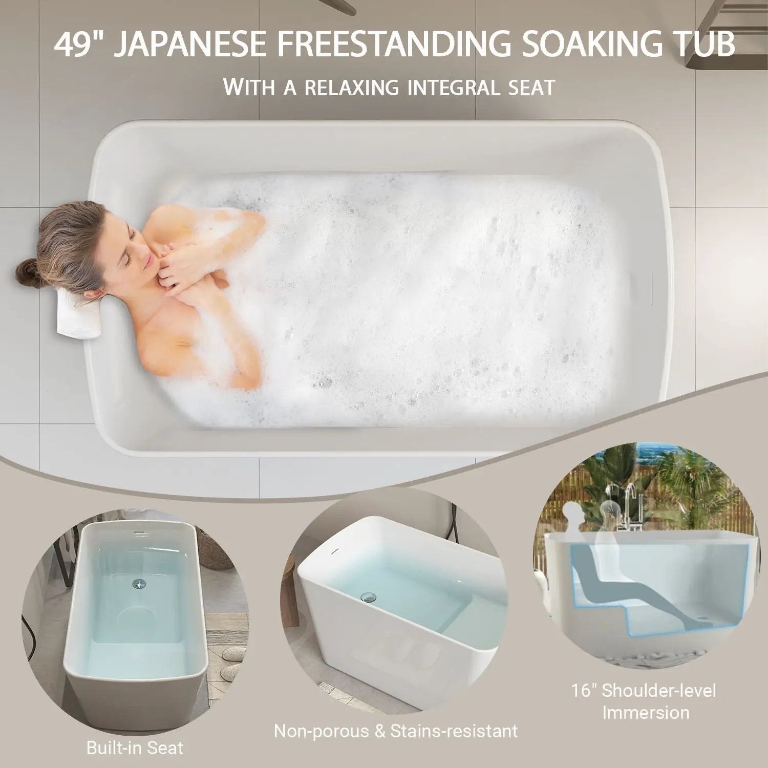 49'' Acrylic Freestanding Soaking Bathtub, Square-Shape Japanese Soaking Hot Tub, Sit-In Design With Chrome Overflow And Drain For Express Delivery 23Amazing-49 (W1920P179228) - Glossy White by HouseOfZazla