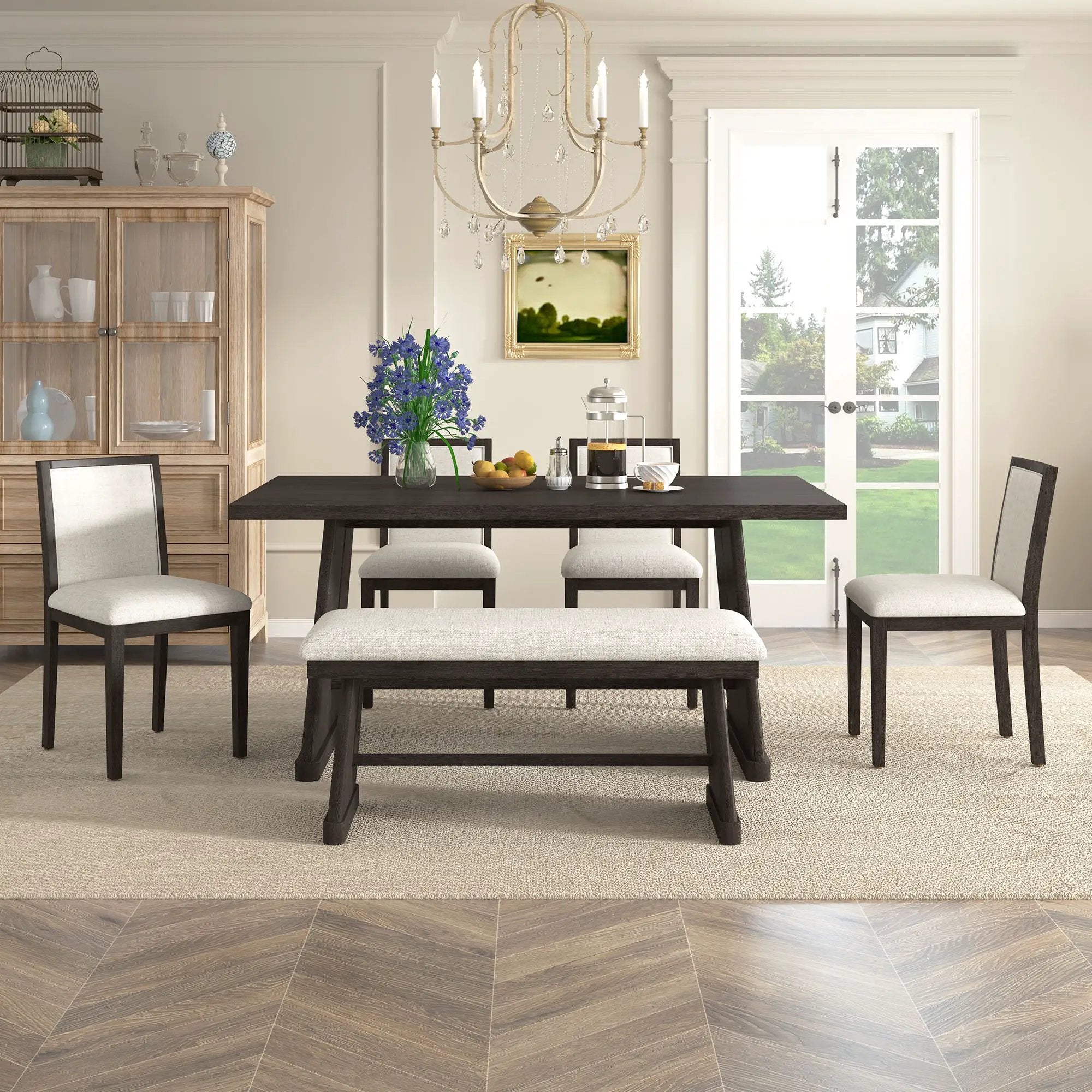 Dining Set With Rectangular Table, 4 Upholstered Chairs & 1 Padded Bench by HouseOfZazla