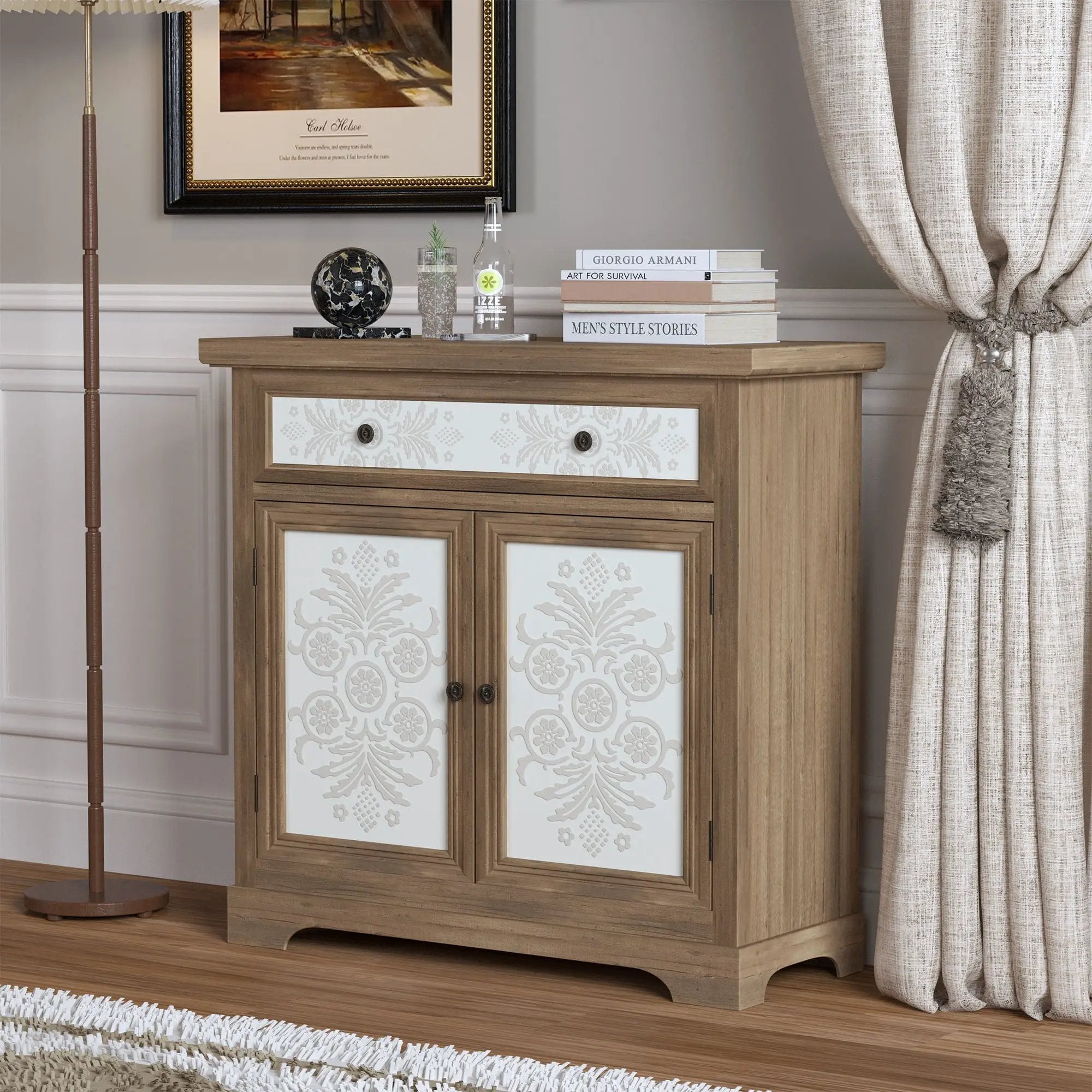 Accent Cabinet With Carved Floral Panels, Sideboard With Drawer And Double Doors - Antique Brown / White by HouseOfZazla