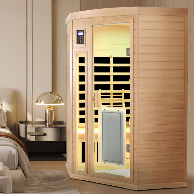 Hemlock Wood Far Infrared Two Person Sauna Room with Low EMF & Bluetooth - Natural Wood, photo 8 of 9