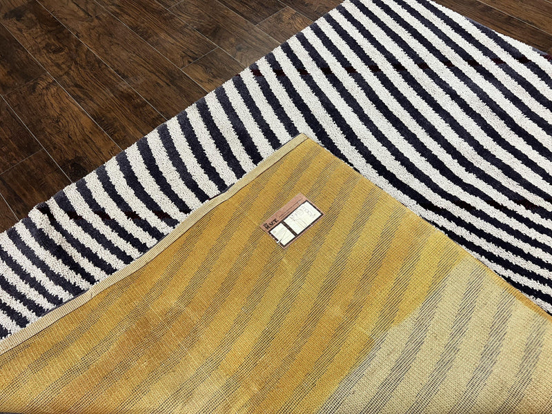 Vintage Zebra Stripes Shag Rug 5.7 x 7.4, Black and White, Retro, Wool by Jewel Rugs