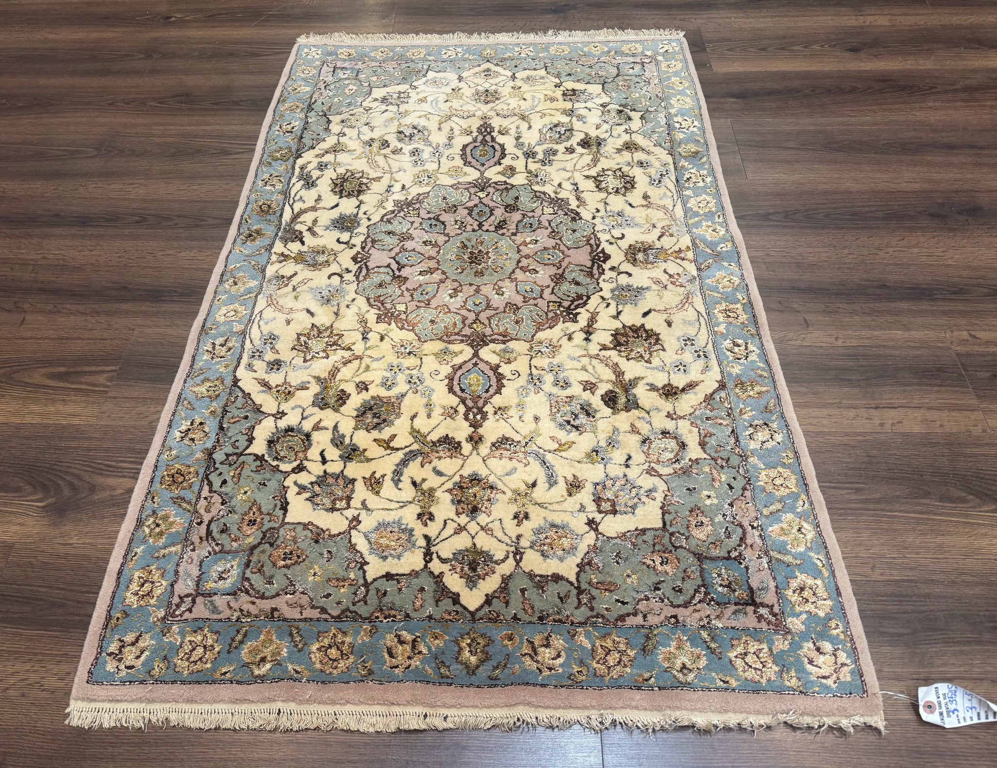 Persian Isfahan Rug 3x5, Fine 310 KPSI, Kork Wool Silk Foundation, Cream & Light Green by Jewel Rugs