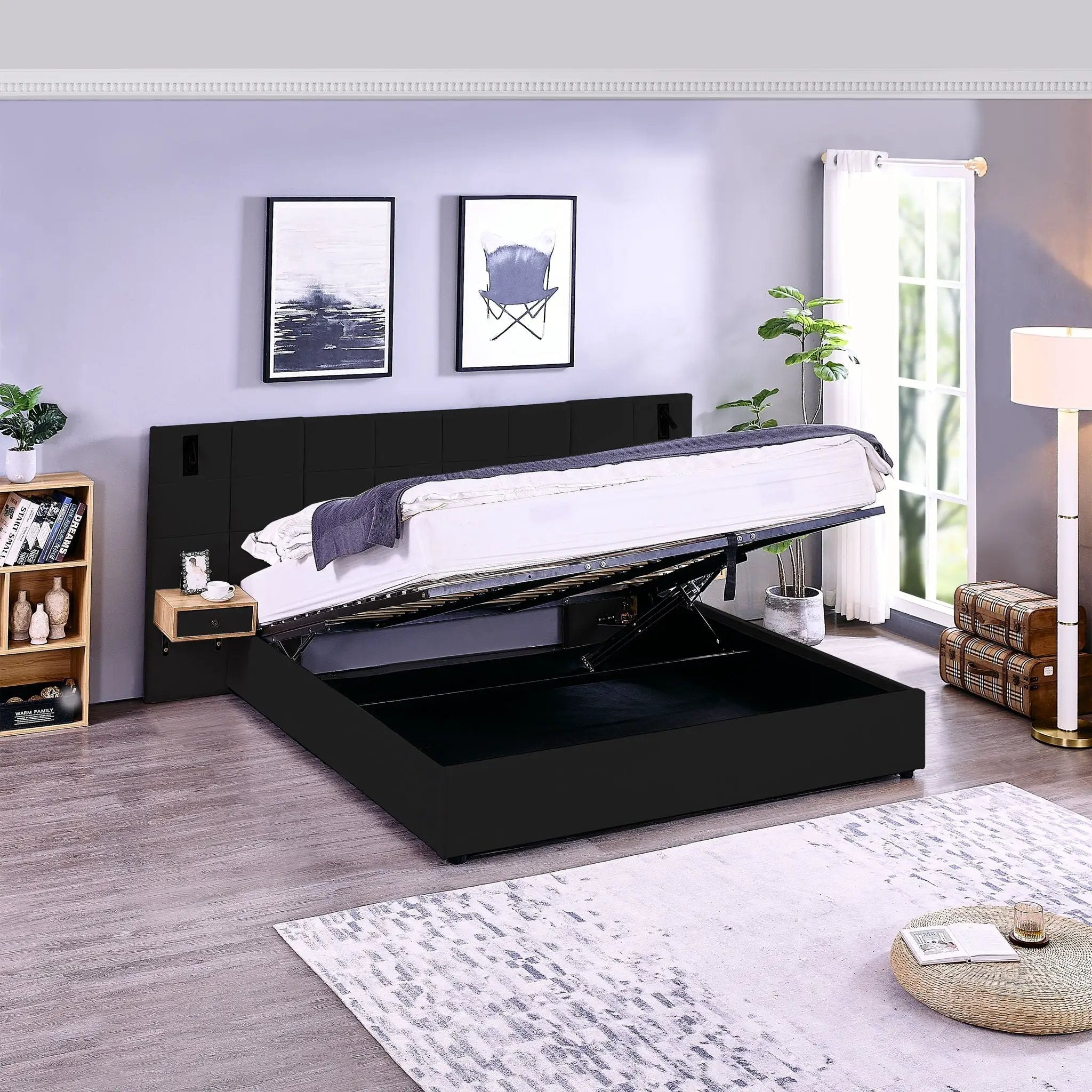 Upholstered Hydraulic Platform Bed With Storage Shelves, Reading Lamps, USB Port by HouseOfZazla