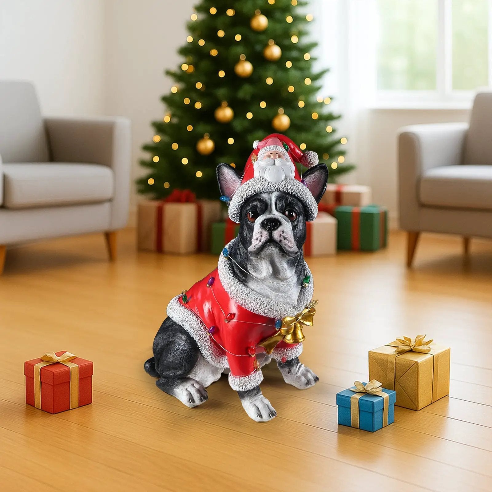 Christmas French Bulldog Statue, Holiday Dog Figurine in Santa Outfit by HouseOfZazla