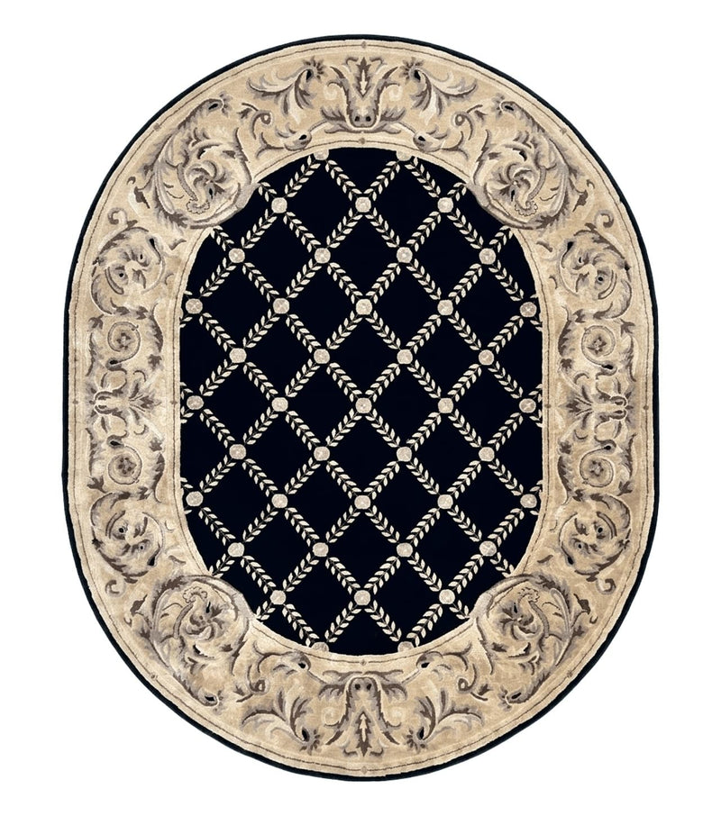 Oval Tibetan Rug 8x10, French Aubusson Design, Wool Handmade Vintage Carpet, Black & Beige, Soft Wool Pile by Jewel Rugs