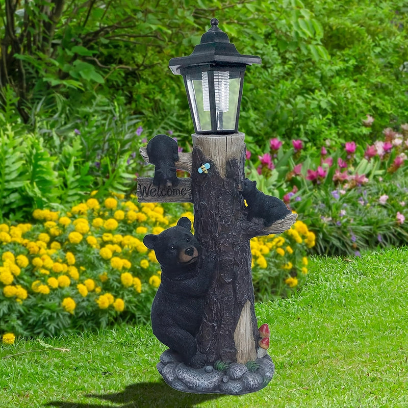 Black Bear Statue Welcome Sign Garden Statue with Solar Light by HouseOfZazla