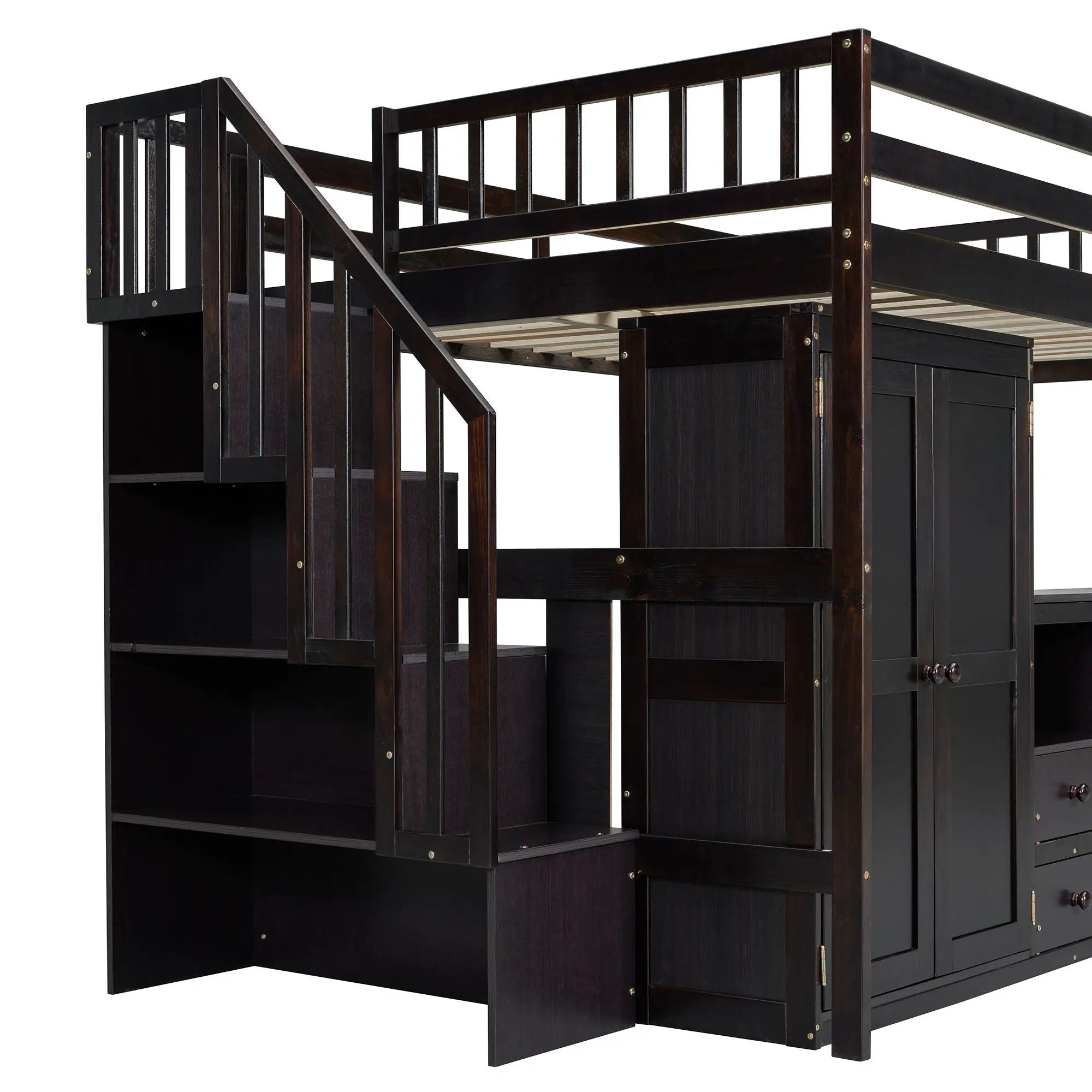 Loft Bed With Stairs, Bookshelf, Drawers, Desk & Wardrobe, Space Saving Multifunctional Furniture by HouseOfZazla