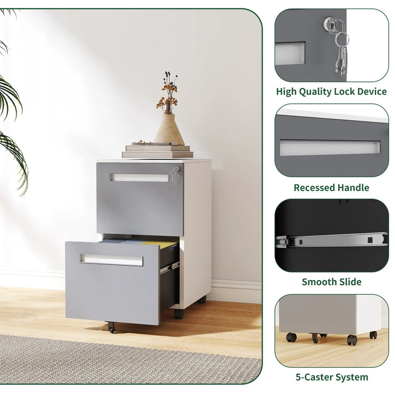 2-Drawer Mobile File Cabinet With Lock,On 360° Wheels, Holds A4/Letter/Legal Files - White by HouseOfZazla