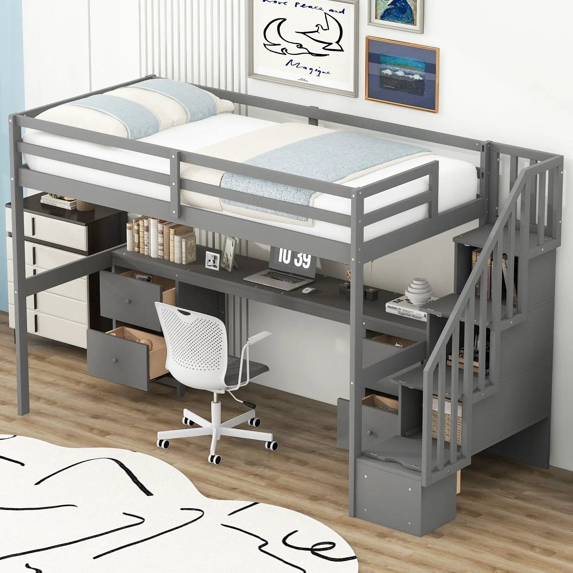 Loft Bed Frame With Built In Desk And Double Storage Drawers by Unique Piece Furniture
