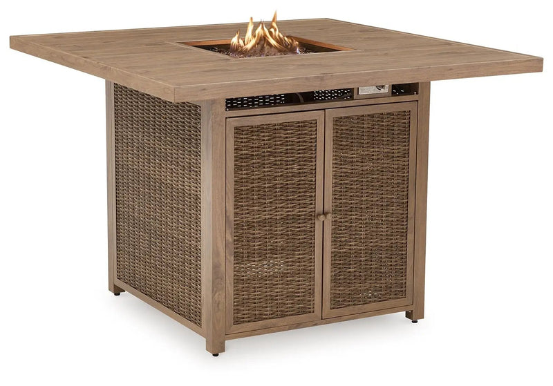 Walton Bridge - 5 Pc. - Square Bar Table W/Fire Pit, 4 Barstools - Driftwood by Unique Piece Furniture