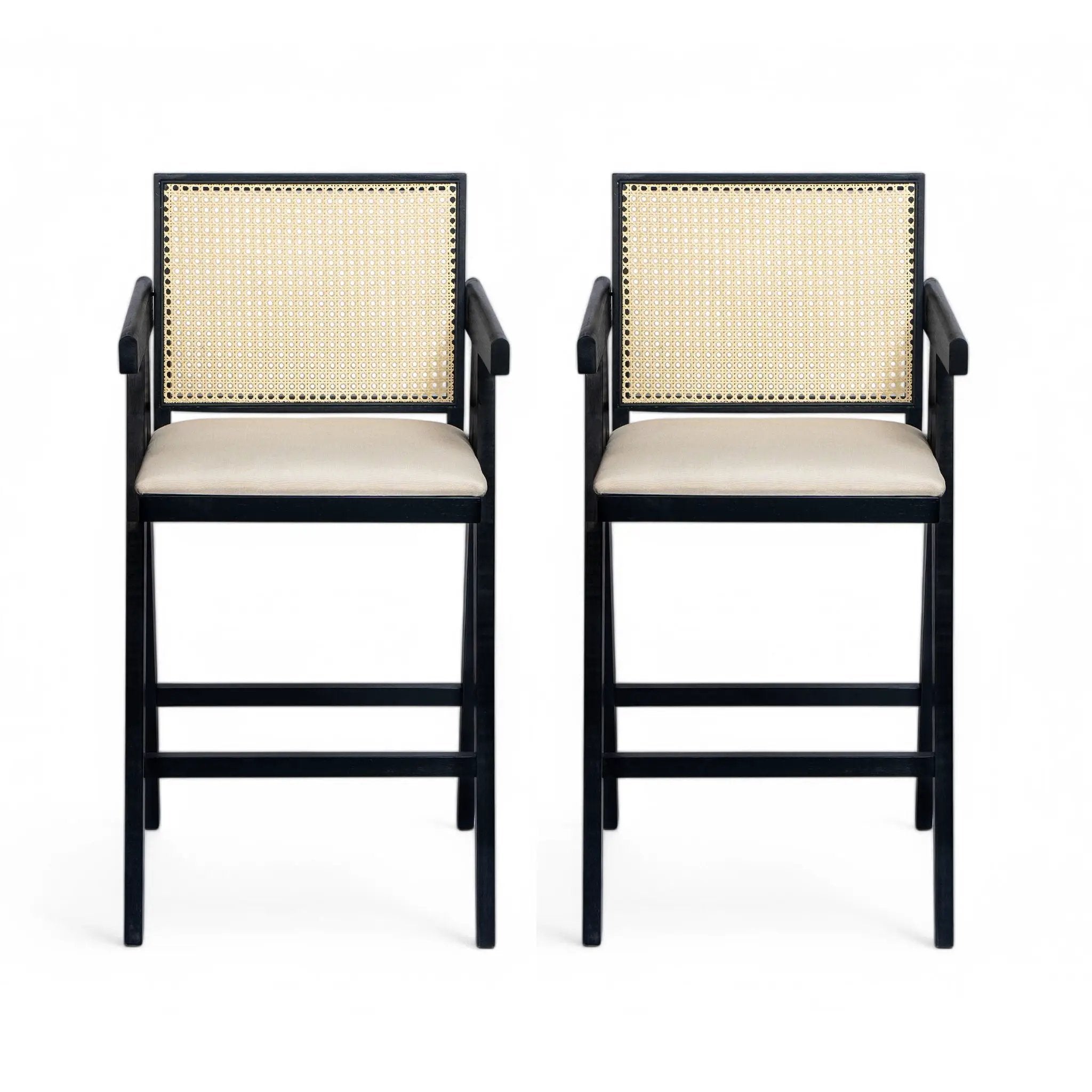 Woven Cane Plastic Backrest Bar Stool Foam Padded Fabric Seat & Durable Rubberwood Frame - Cream Gray by HouseOfZazla