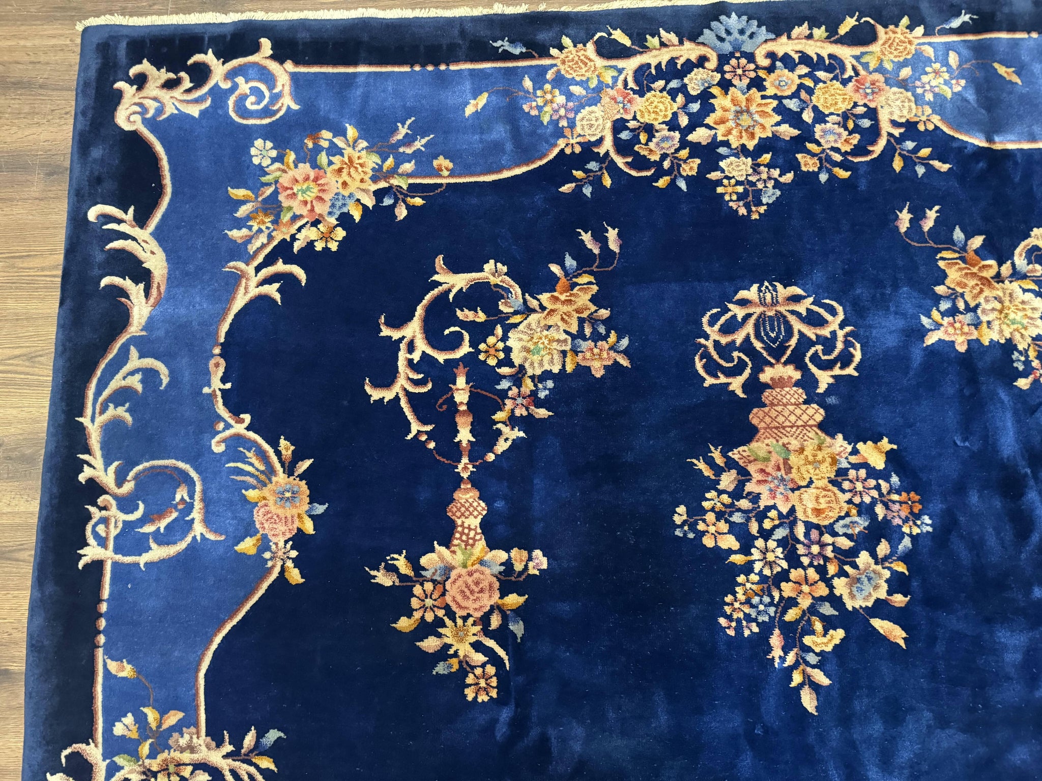 Blue Chinese Art Deco Rug 9x12, Vintage Antique Chinese Wool Rug, Chinese Fette Rug by Jewel Rugs