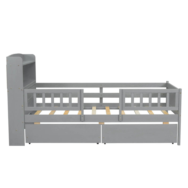 Platform Bed With LED Light, Multi Functional Headboard, Guardrail And 2 Drawers