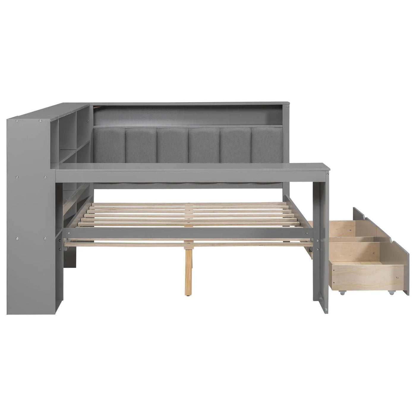 Platform Bed With Upholstered Headboard, Storage Shelves, Drawers, Charging Station, LED Lighting, Built In Desk by HouseOfZazla