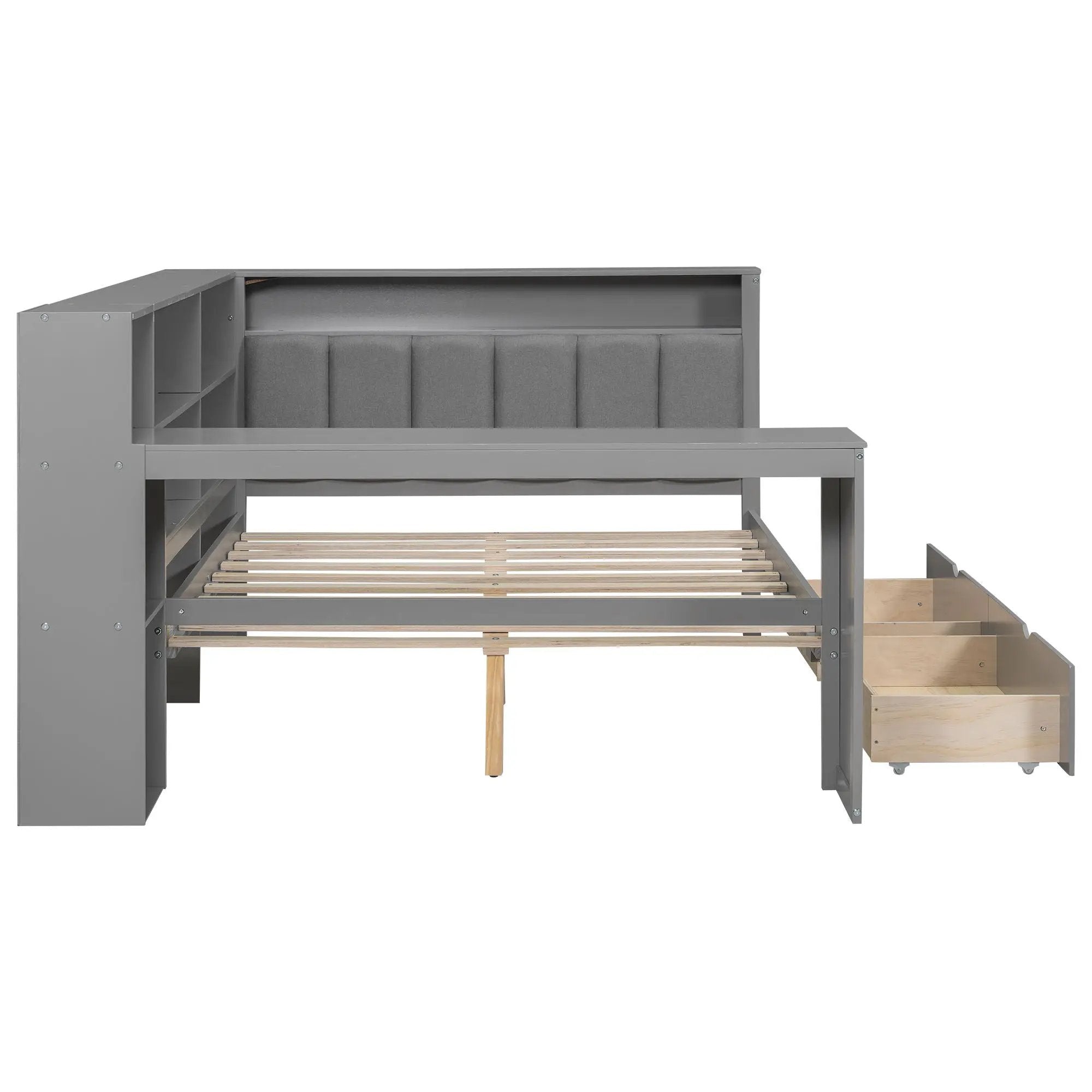 Platform Bed With Upholstered Headboard, Storage Shelves, Drawers, Charging Station, LED Lighting, Built In Desk by HouseOfZazla