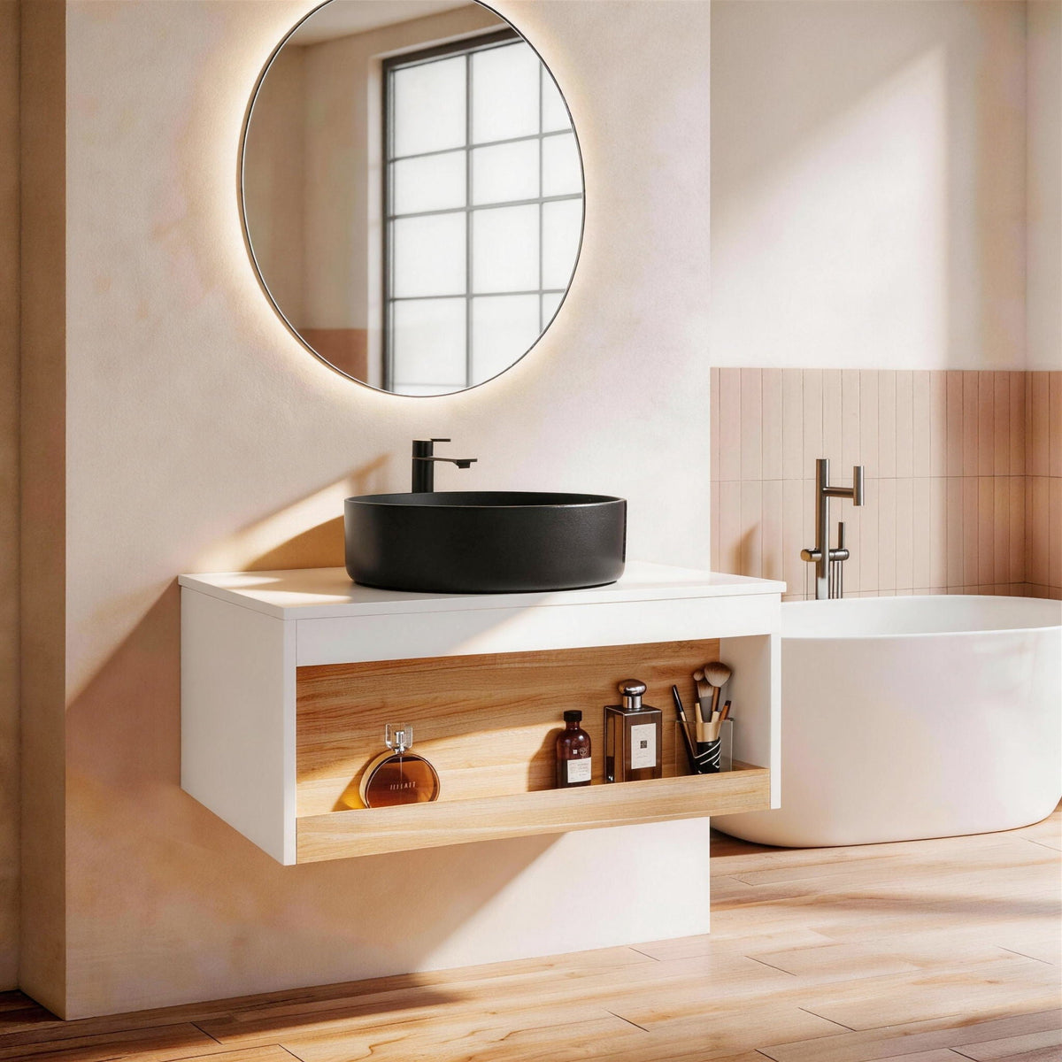 Floating Bathroom Vanity With Glossy Round Vessel Sink, photo 34 of 40