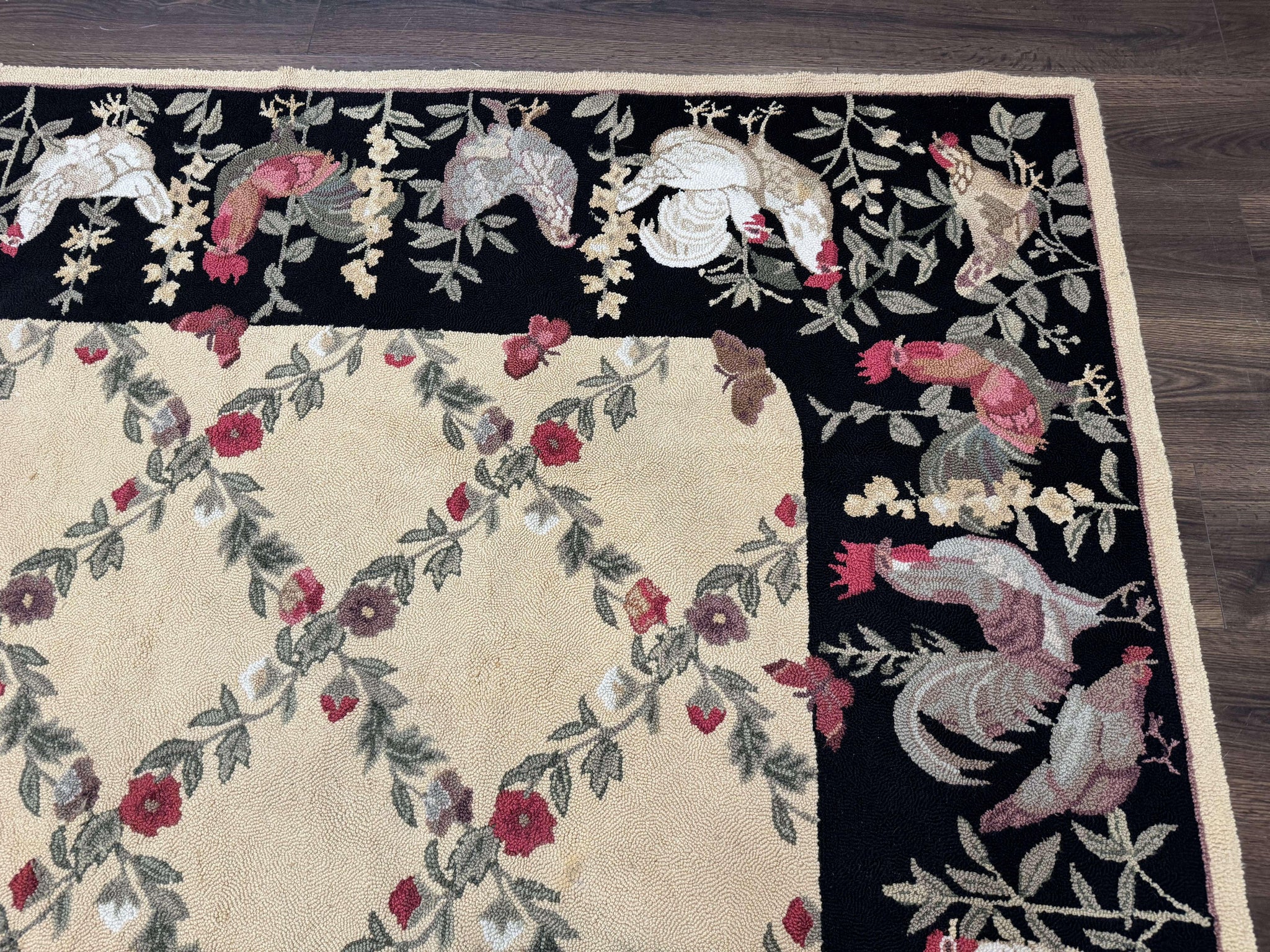 Vintage Hooked Rug 7x9, Rosters in Border, Roses and Butterflies by Jewel Rugs