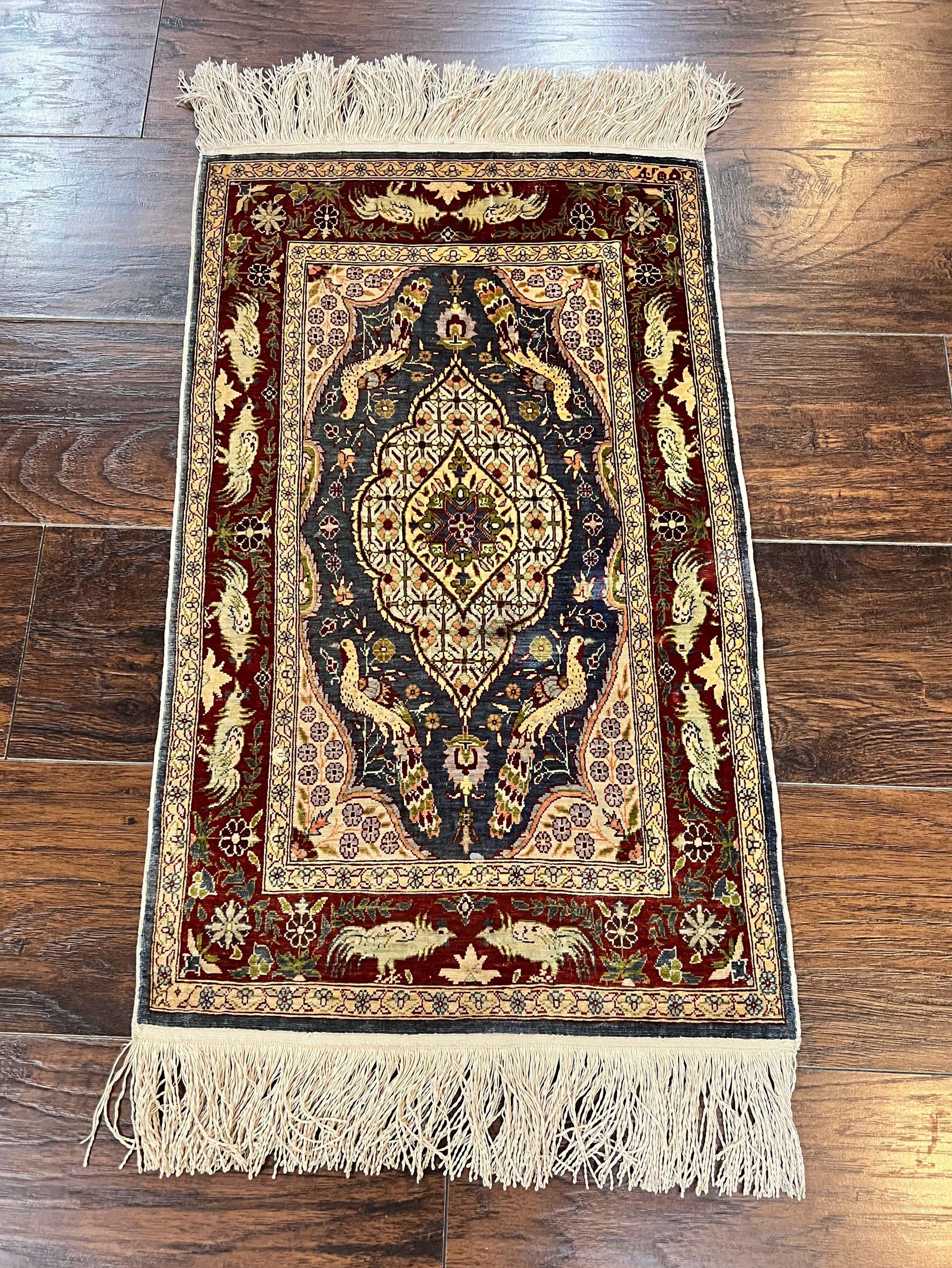 Silk Turkish Hereke Rug 2x3, Peacocks Birds, Signature from Master Weaver, Super Finely Hand Knotted 550 KPSI, Animal Pictorials by Jewel Rugs