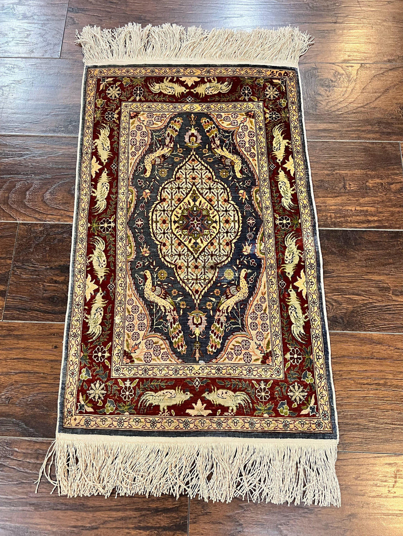 Silk Turkish Hereke Rug 2x3, Peacocks Birds, Signature from Master Weaver, Super Finely Hand Knotted 550 KPSI, Animal Pictorials by Jewel Rugs