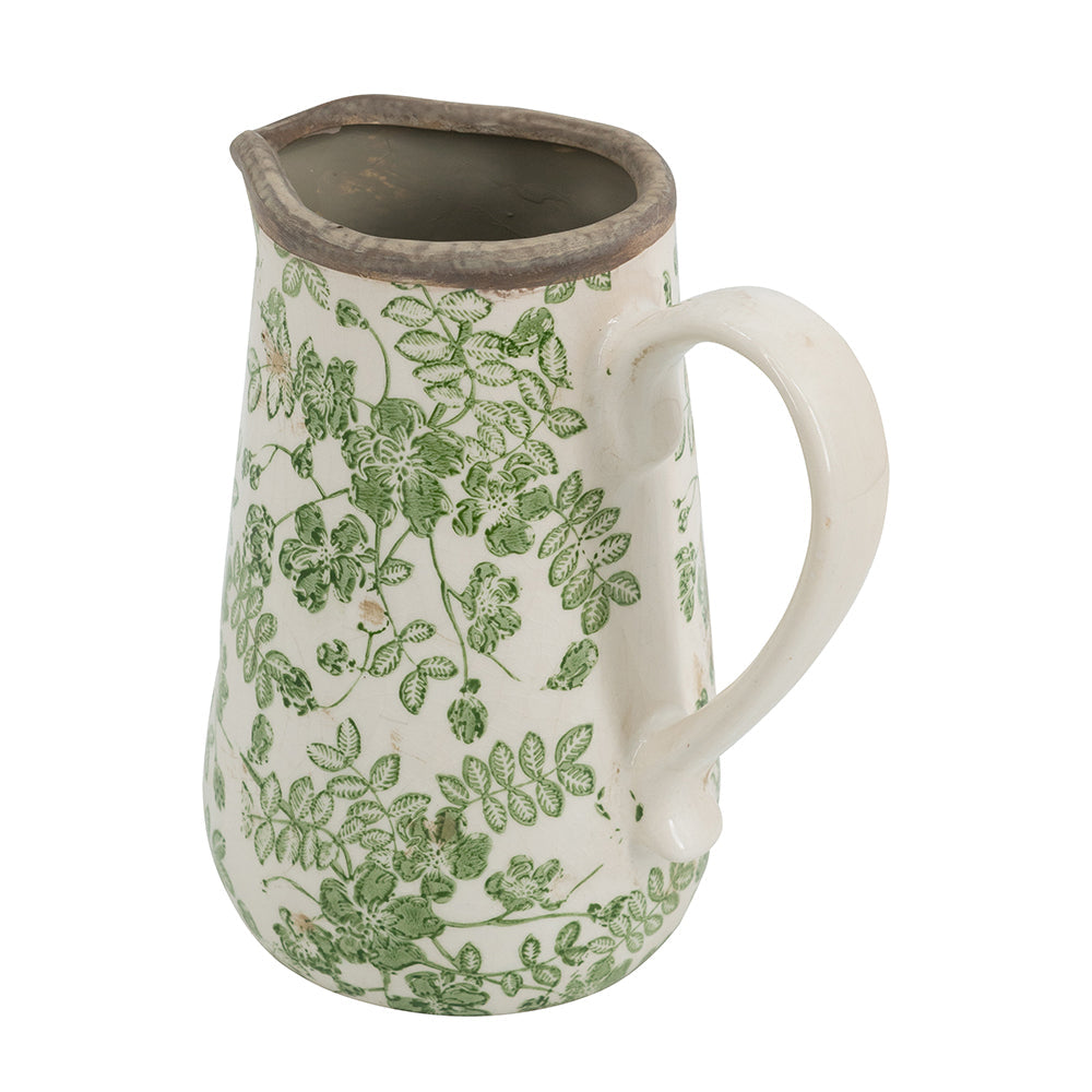 6.3x4.5x7.1' White Ceramic Pitcher Vase with Green Floral Pattern by HouseOfZazla
