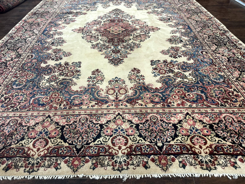 Persian Sarouk Rug 9x12, Ivory & Blue, Semi Open Field by Jewel Rugs