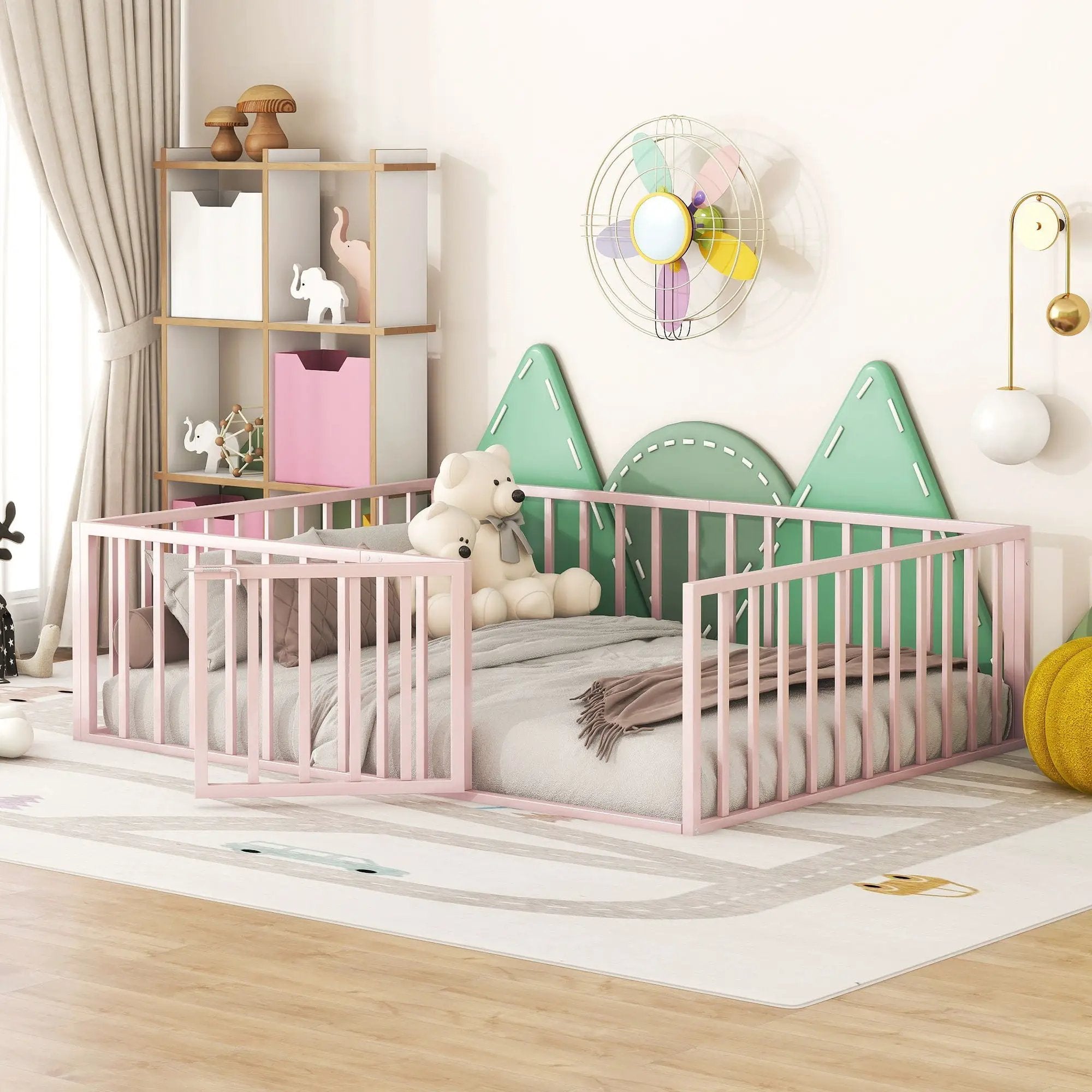 Metal Floor Bed Frame With Fence And Door by HouseOfZazla