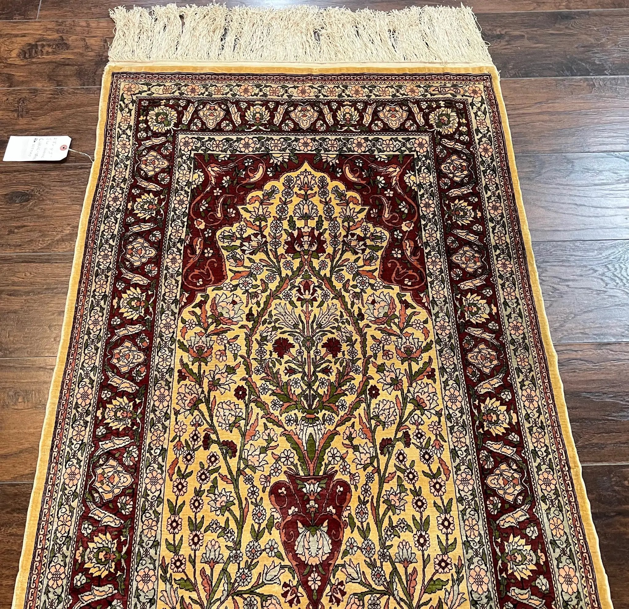 Wonderful Silk Turkish Hereke Prayer Rug 2.8 x 4.5, Tree of Life Design, Signature from Master Weaver, Gold and Burgundy, Handmade, 625 KPSI by Jewel Rugs