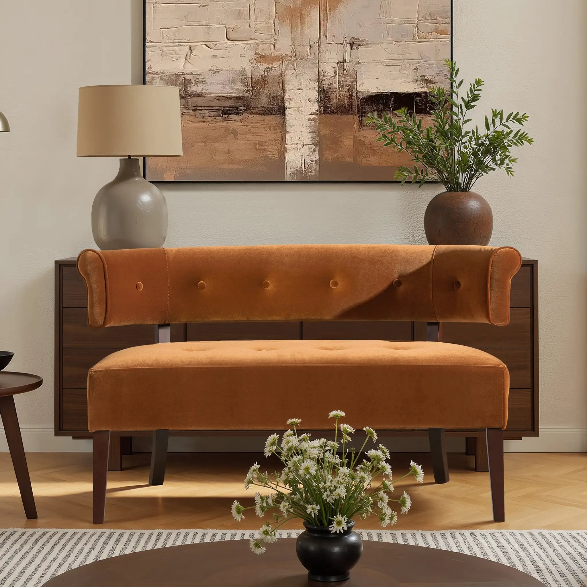 Jared Roll Arm Tufted Bench Settee, Burnt by HouseOfZazla
