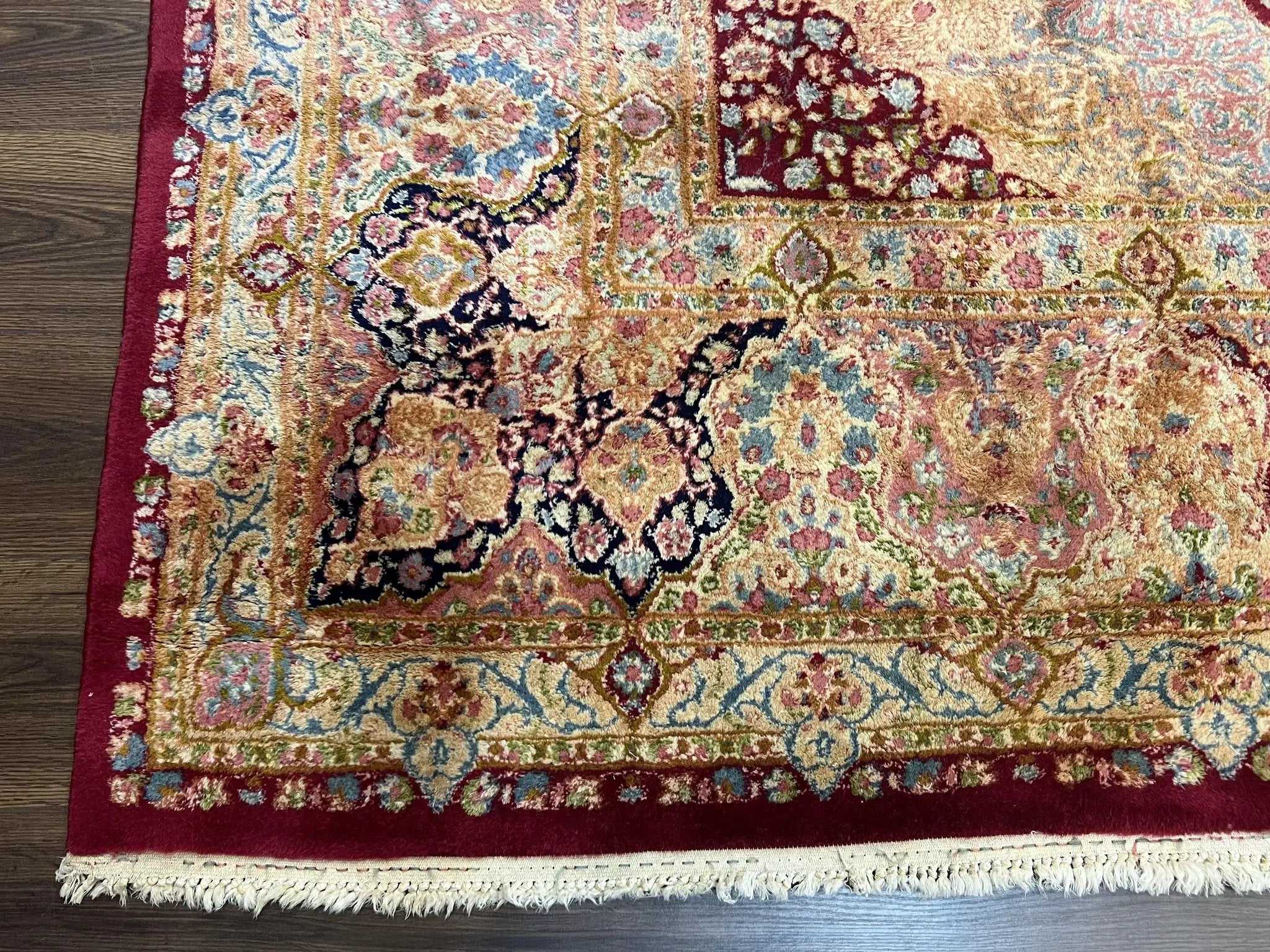 Persian Rug 9x12, Kirman DeLuxe, Millefleur Floral Medallion Carpet, Maroon Light Blue Beige, Semi Antique Authentic Hand Knotted Wool Rug by Jewel Rugs