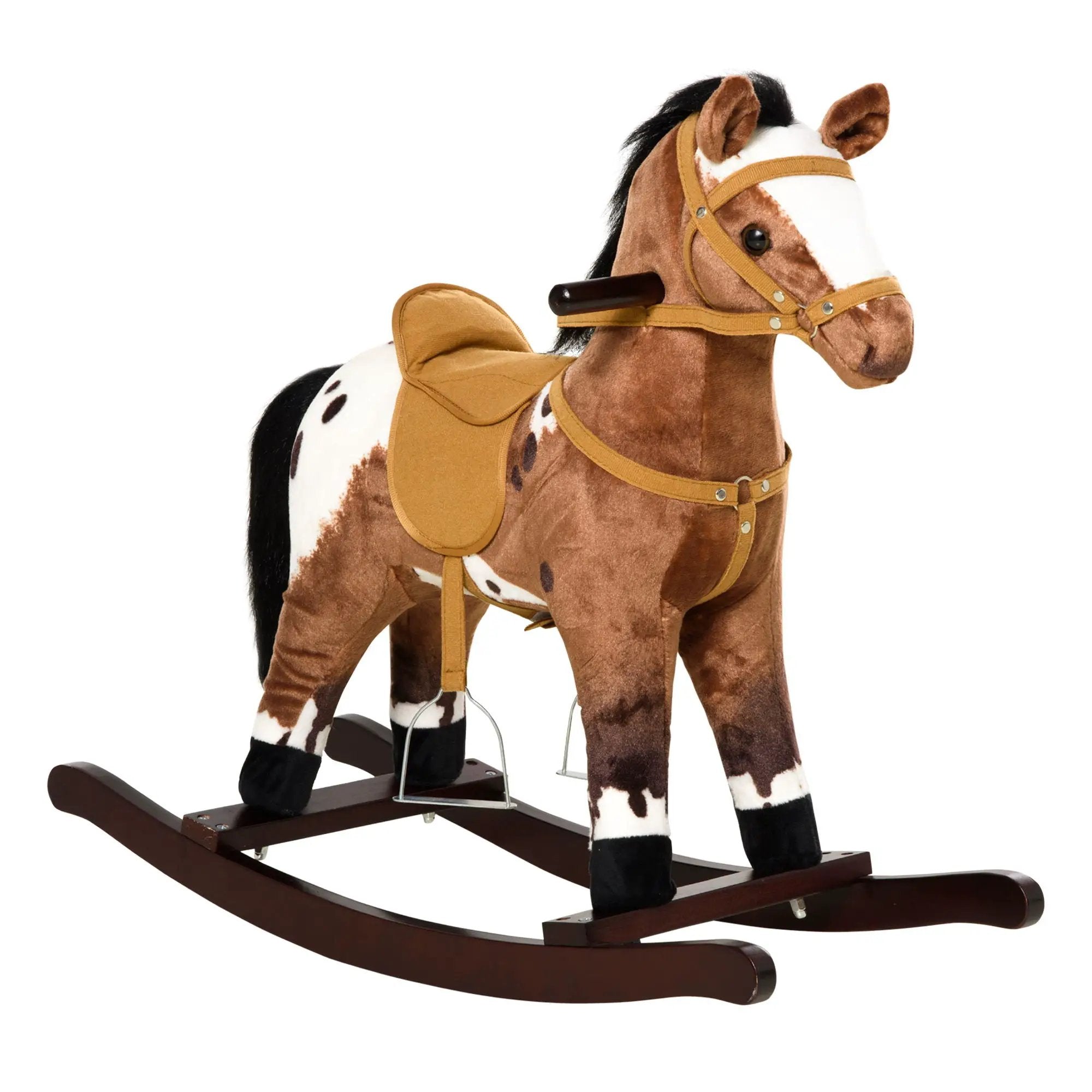 Qaba - Kids Metal Plush Ride-On Rocking Horse Chair Toy With Realistic Sounds - Dark Brown / White by HouseOfZazla