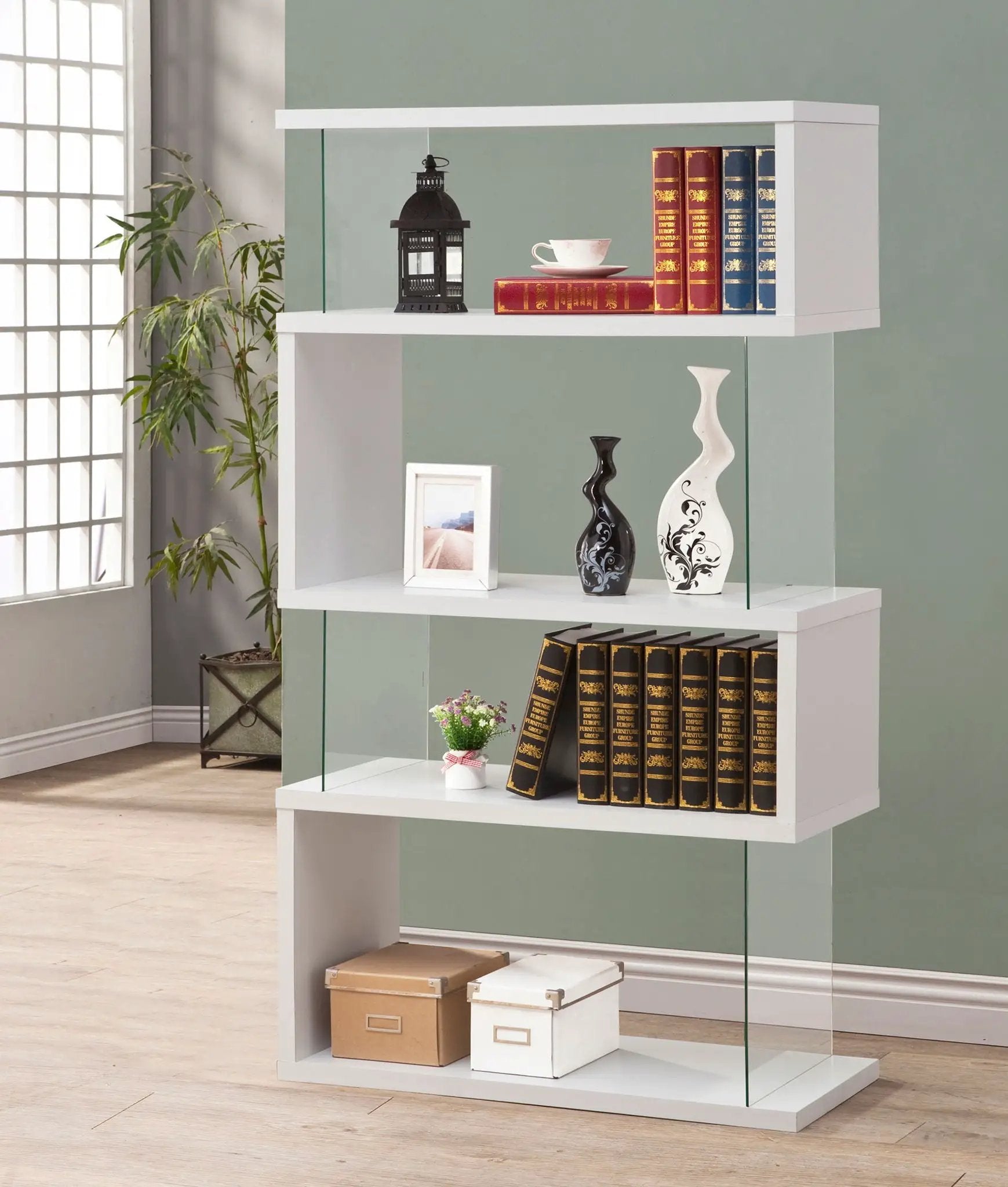 Emelle 63-inch 4-shelf Glass Panel Bookshelf White by Unique Piece Furniture