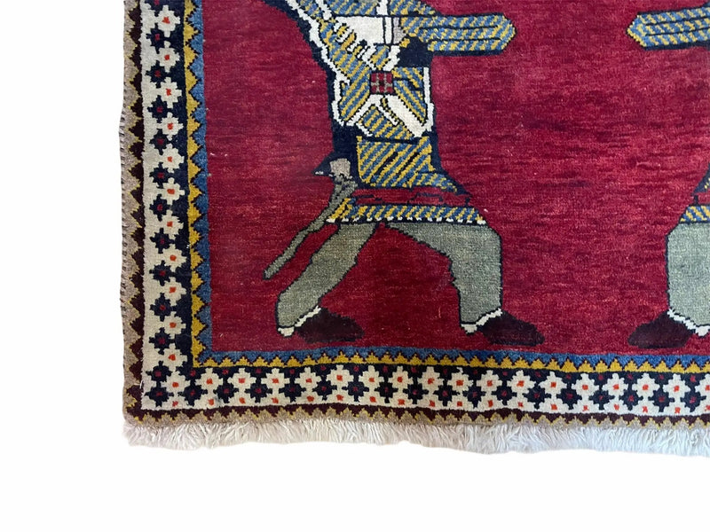 3 X 6 Handmade Wool Rug Tribal Balouch Warriors Deer Animal Pictorial Red Swords by Jewel Rugs