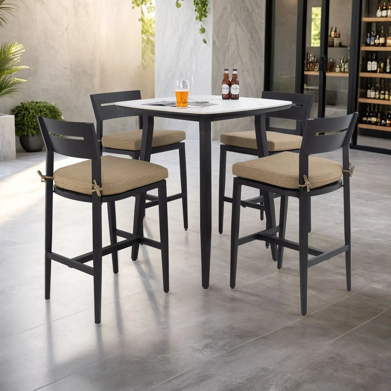 5 Pieces Outdoor Patio Bar Set, Rounded Square Table & 4 Aluminum Bar Stools by HouseOfZazla