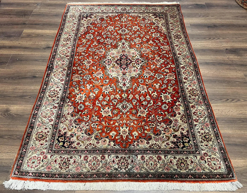 Persian Qum Silk Rug 5x7 - Floral Medallion, Birds, Orange-Red by Jewel Rugs
