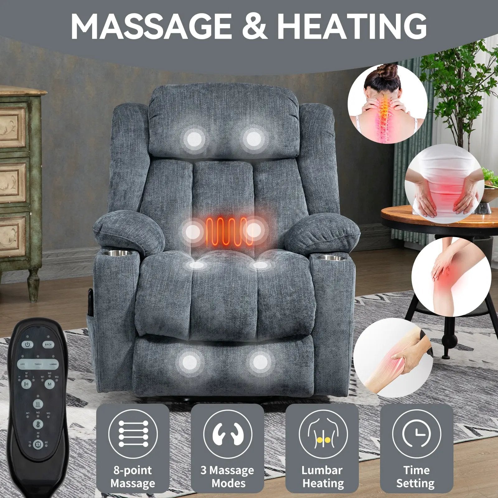 Chenille Power Lift Recliner Chair with Massage & Heating by HouseOfZazla