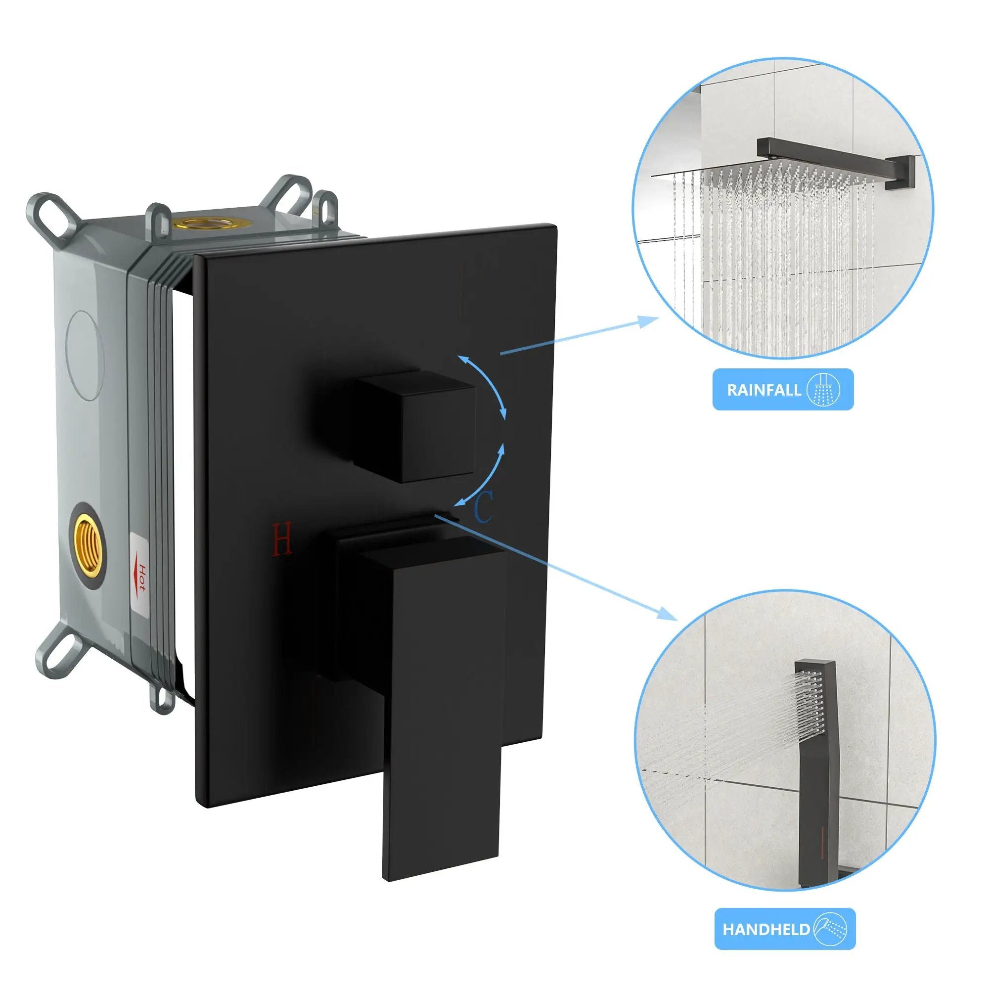 Square Shower System With Waterfall Tub Spout And Rough In Valve, Wall Mounted by HouseOfZazla