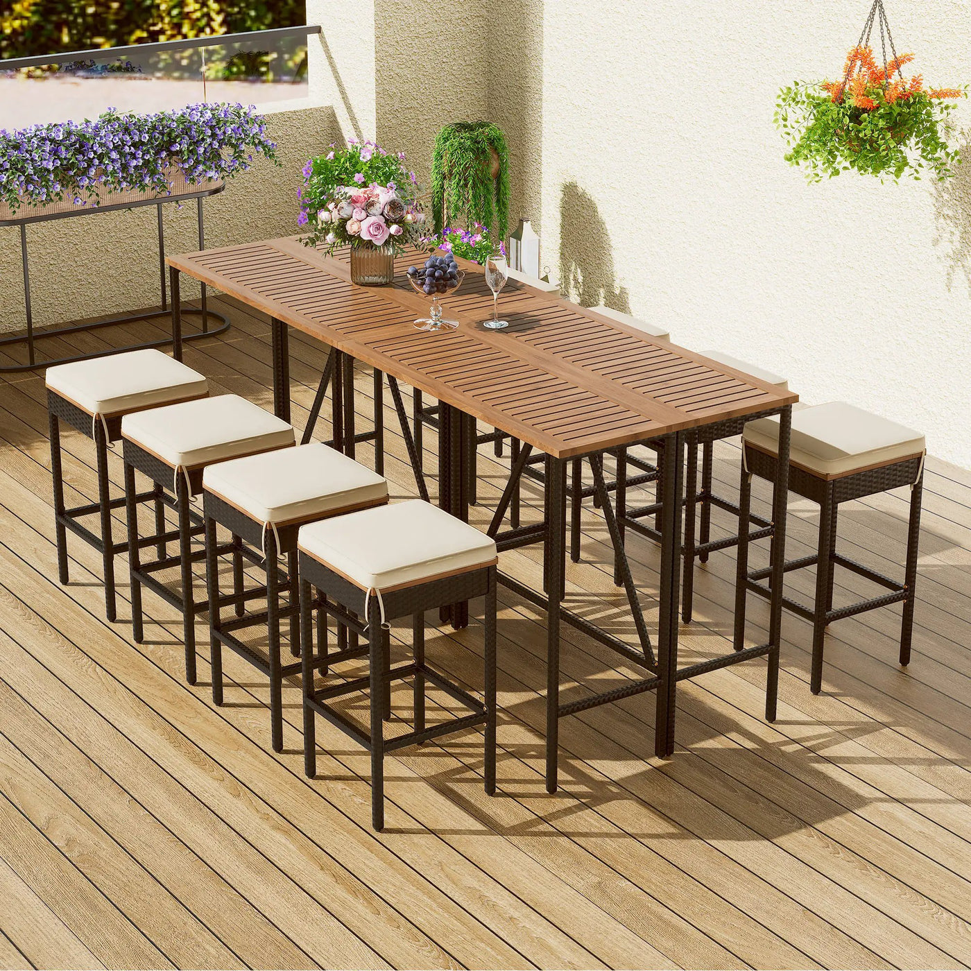 Outdoor Acacia Wood Bar Height Table and Eight Stools with Cushions by HouseOfZazla